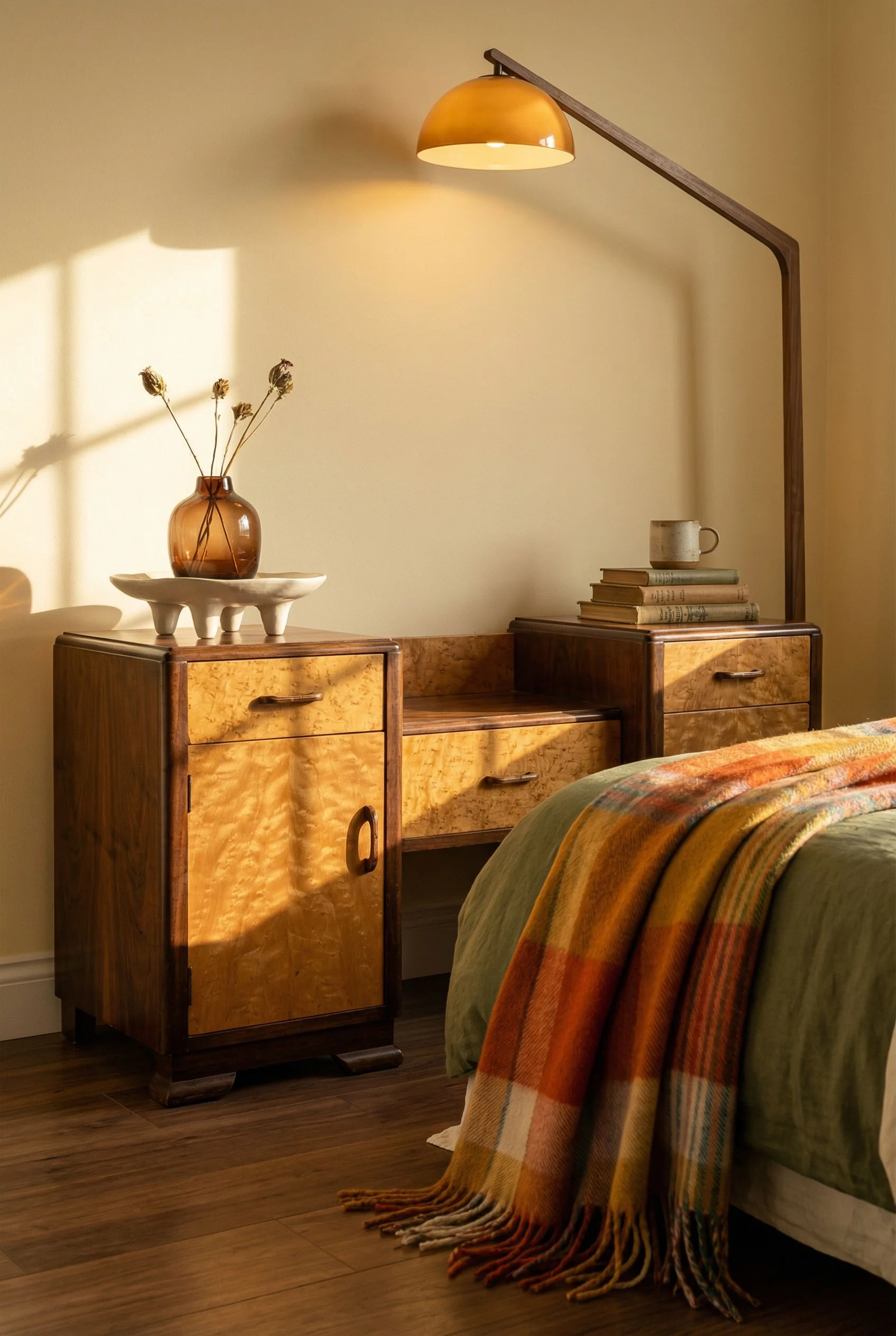 Mid Century Modern Bedroom dark wood bedroom featuring Antique English Pair Of Art Deco Birds Eye Maple & Walnut Be