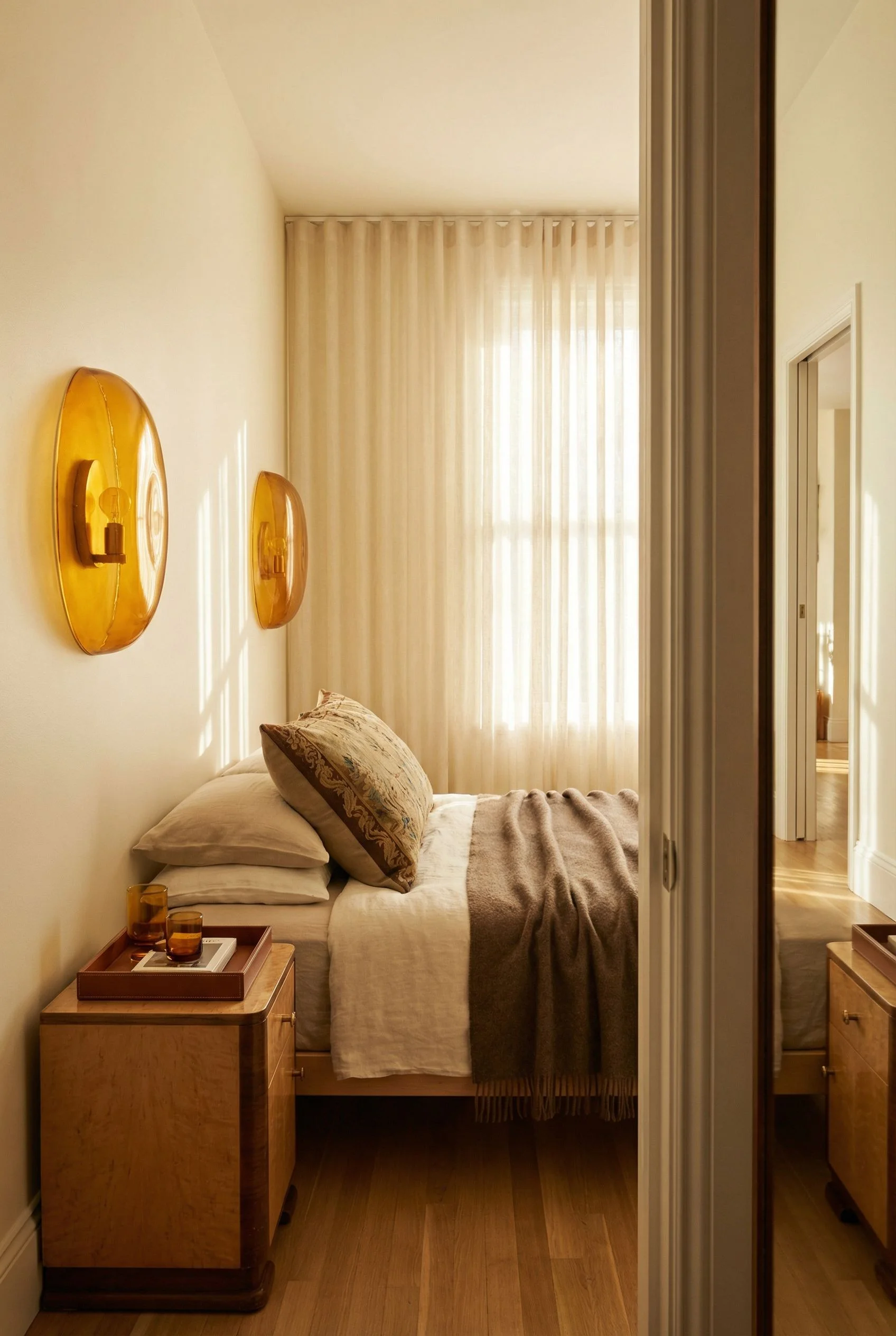 Mid Century Modern Bedroom neutral bedding featuring Antique English Pair Of Art Deco Birds Eye Maple & Walnut Be