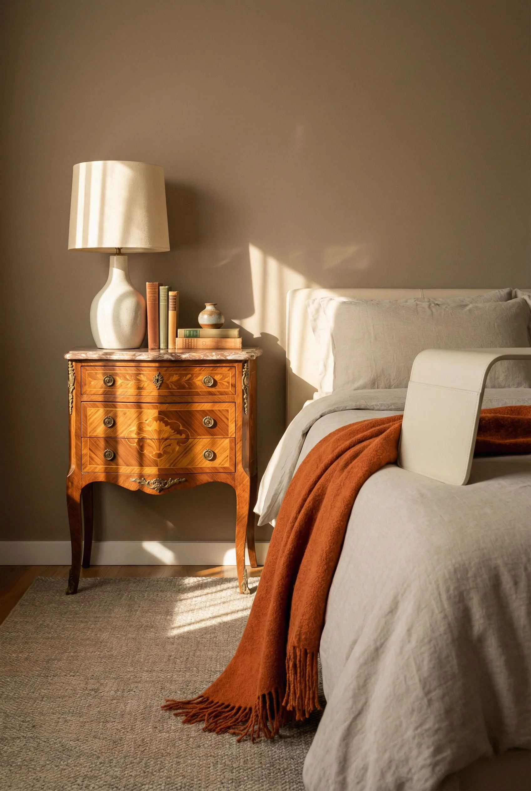 Mid Century Modern Bedroom neutral bedding featuring Pair Of Antique Quality French Kingwood Marble Top Marquetry