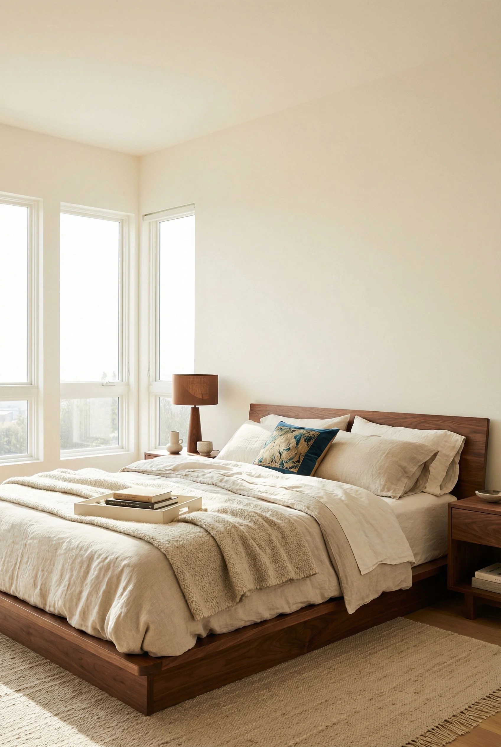 Mid Century Modern Bedroom neutral bedding featuring Coffee Table/Living Room Nightstand Modern Made Of Solid Woo