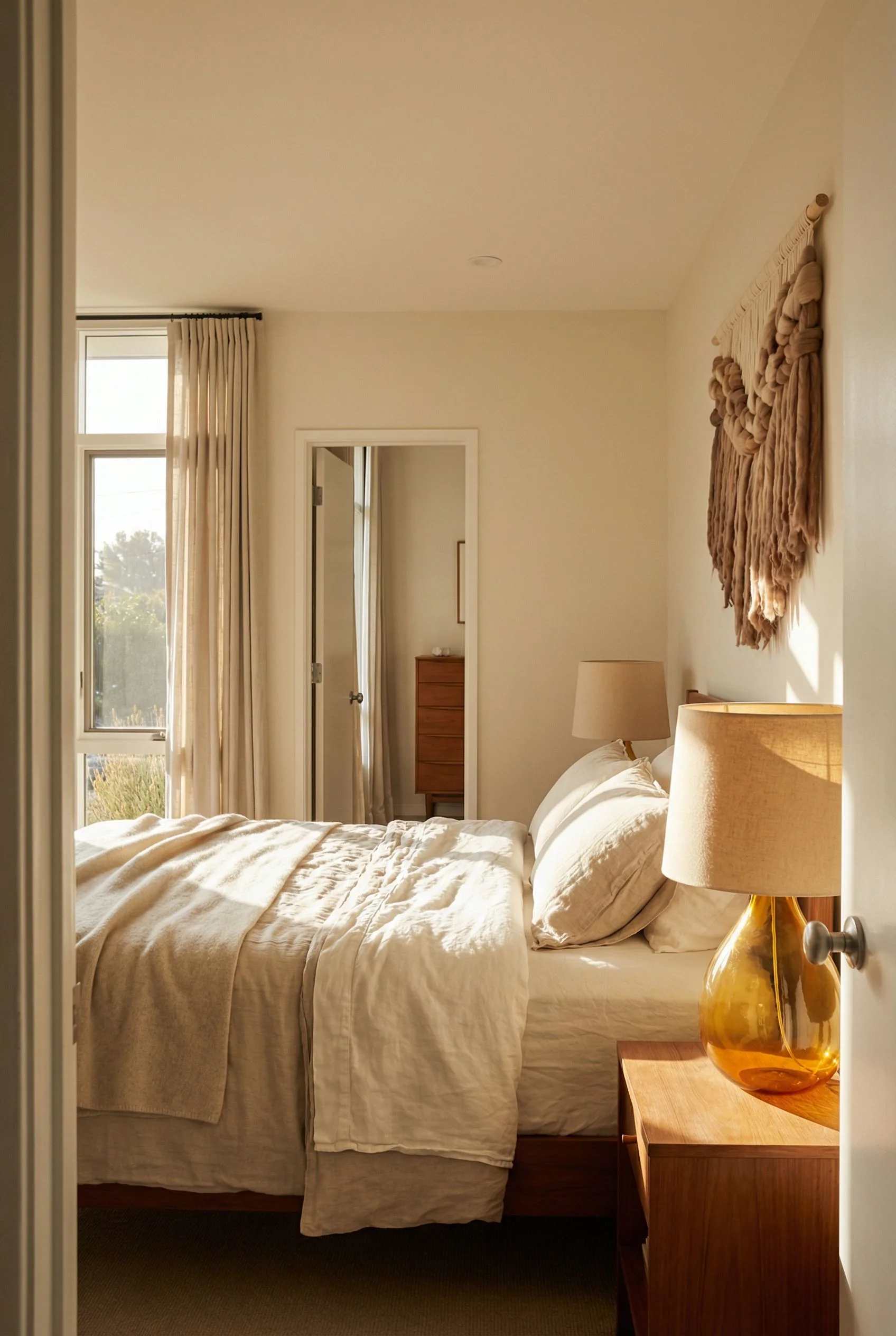 Mid Century Modern Bedroom mid century modern bed featuring Venini Abat-Jour Table Lamp in Amber