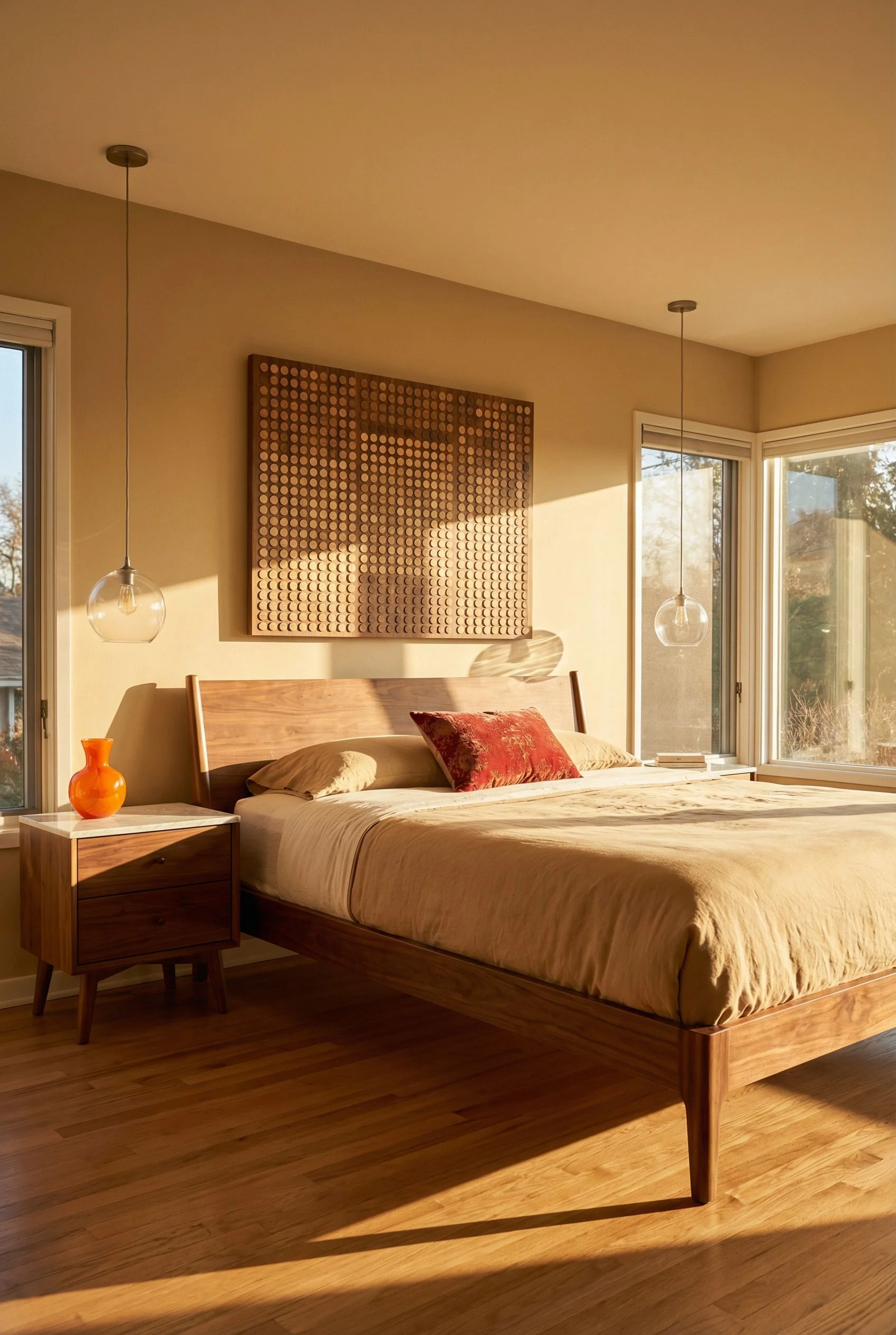 Mid Century Modern Bedroom mid century modern bed featuring Nightstand Bedside Table With Two Drawers in Solid Walnut/Oa