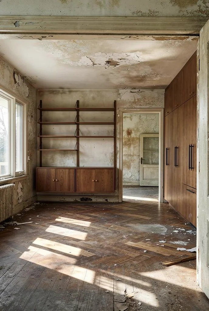 Mid century modern kitchen featuring gubi violin dining chair in walnut with visual comfort lune linear chandelier in black/white empty room