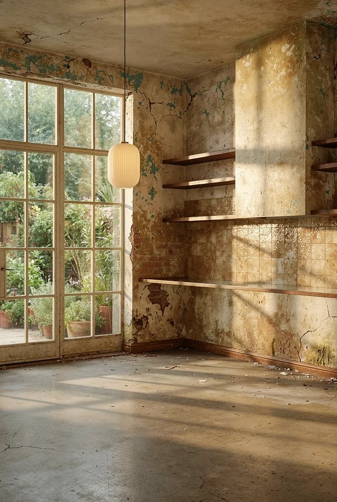 Mid century modern kitchen featuring walnut butcher block island with brass globe pendant lights empty room