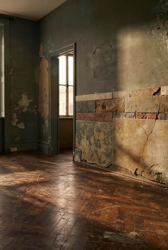 Mid century modern kitchen featuring aspect medley slate peel and stick backsplash with handmade fluted walnut media unit mcm tv stand empty room