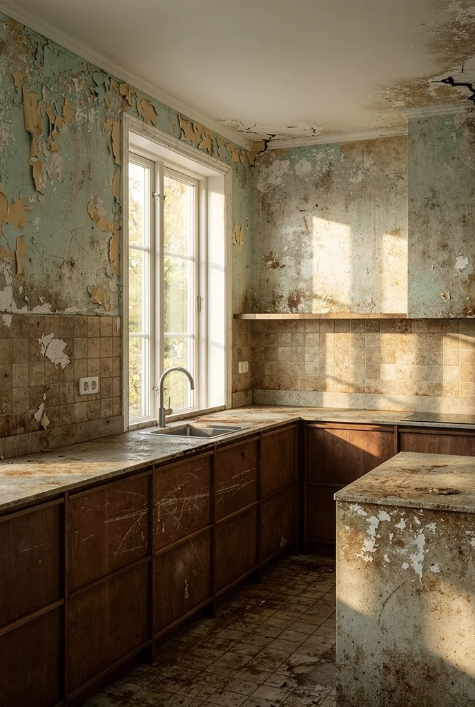 Mid century modern kitchen featuring sage green walls with matte surface table lamps and walnut counters empty room