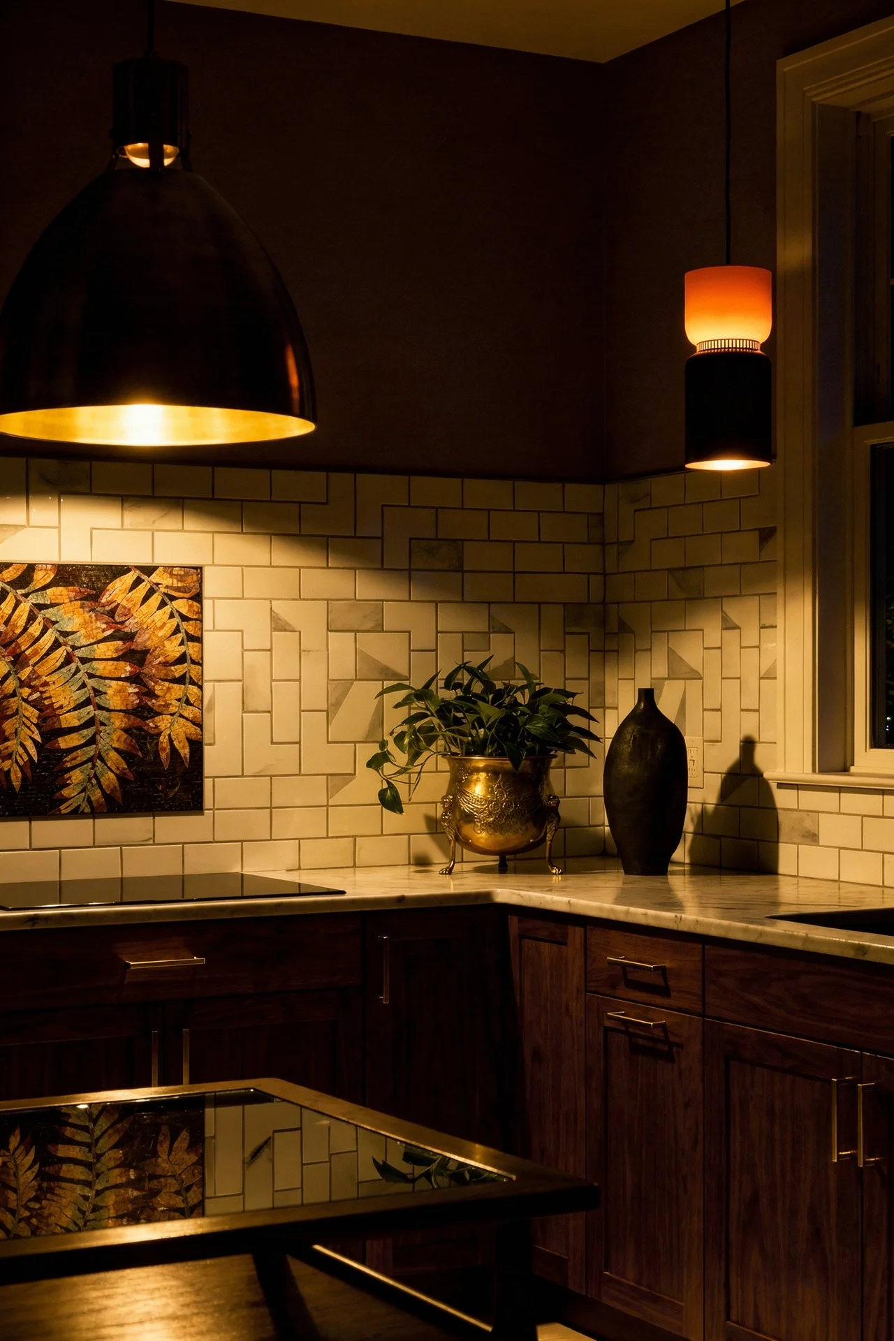 Mid century modern kitchen featuring art3d 12x12 pvc peel and stick subway tile backsplash with walnut mid-century modern coffee table glass top evening mood