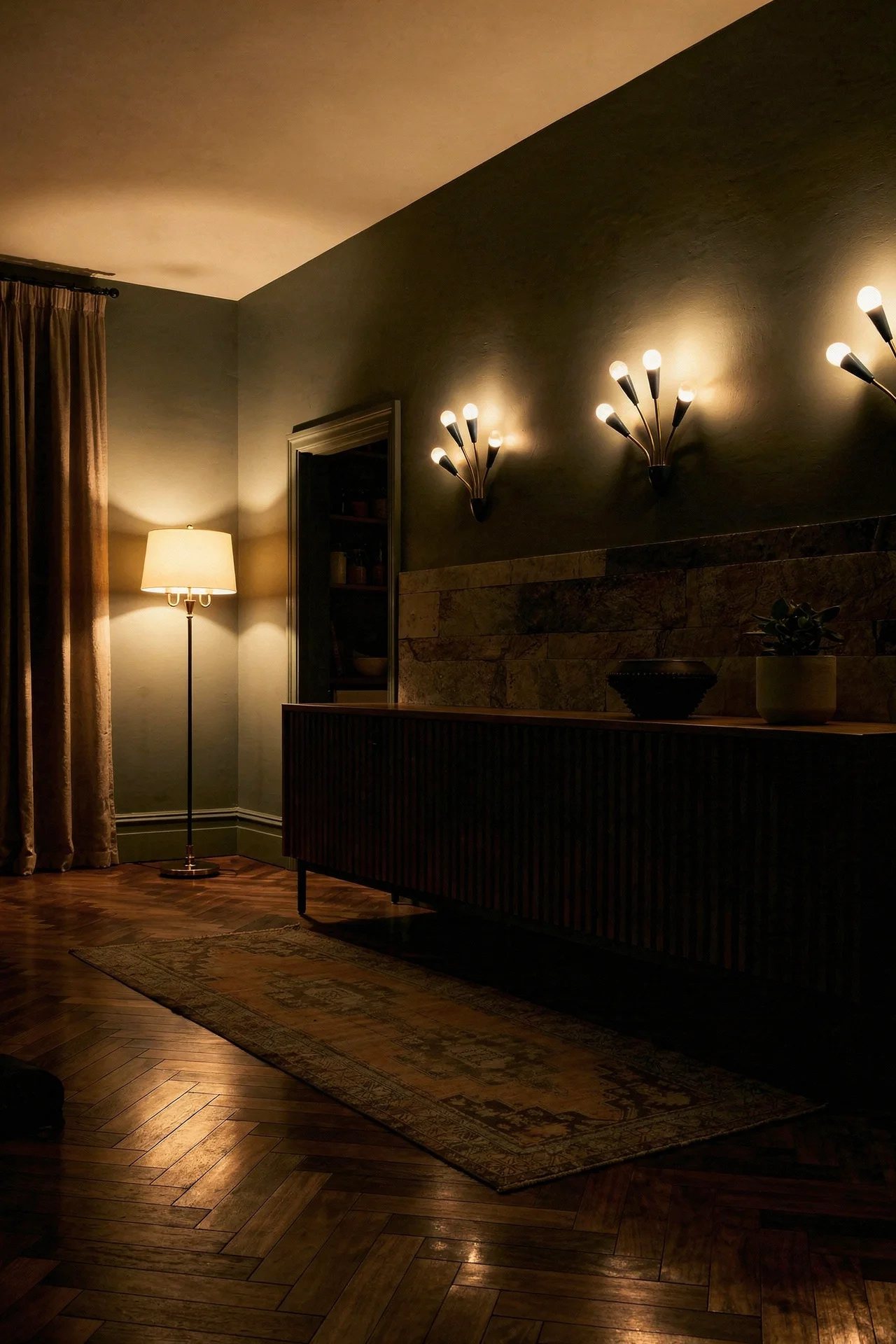 Mid century modern kitchen featuring aspect medley slate peel and stick backsplash with handmade fluted walnut media unit mcm tv stand evening mood