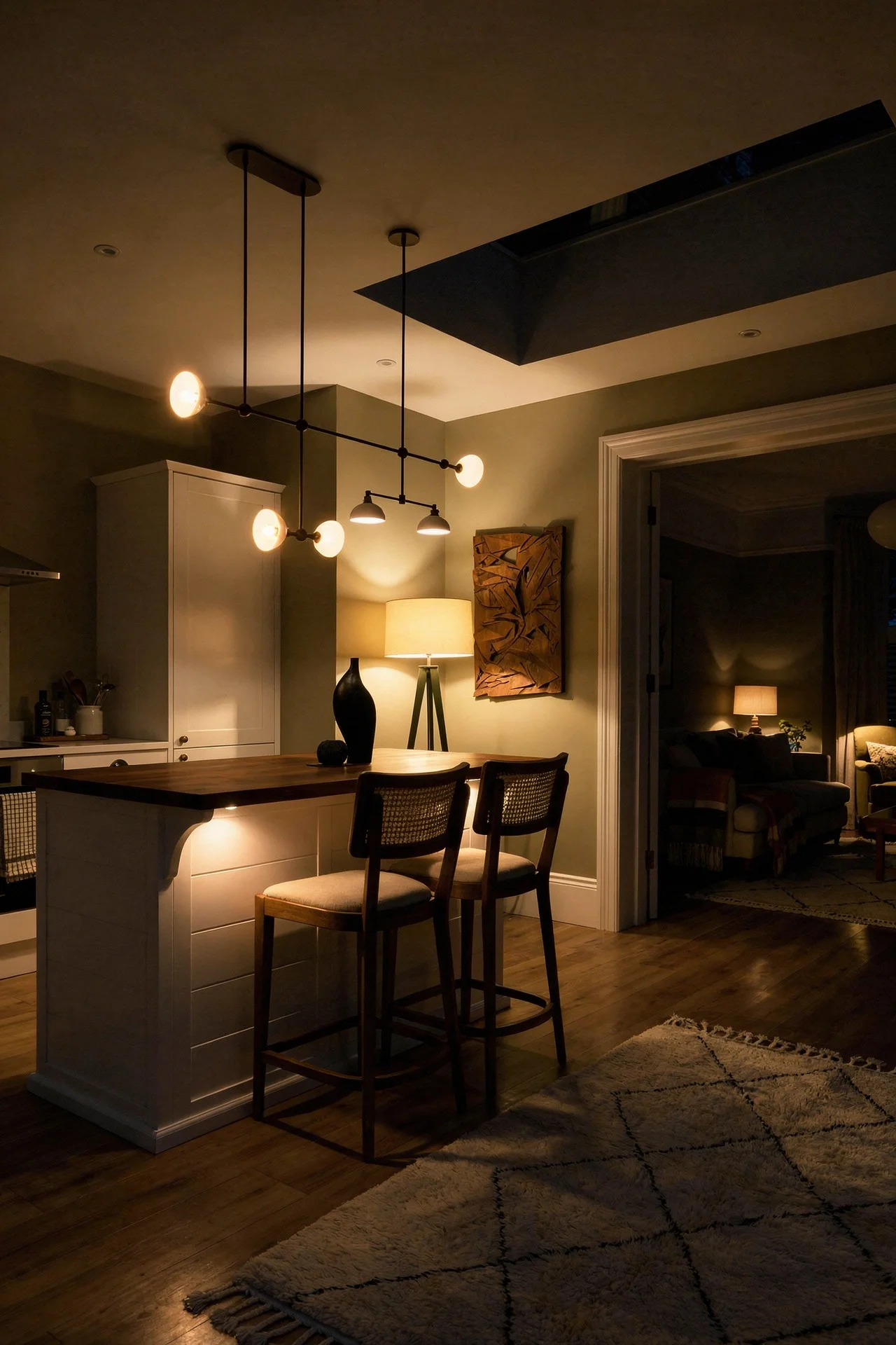 Mid century modern kitchen featuring crosley bartlett kitchen island in white/walnut with walnut decor charlie cane counter stool evening mood