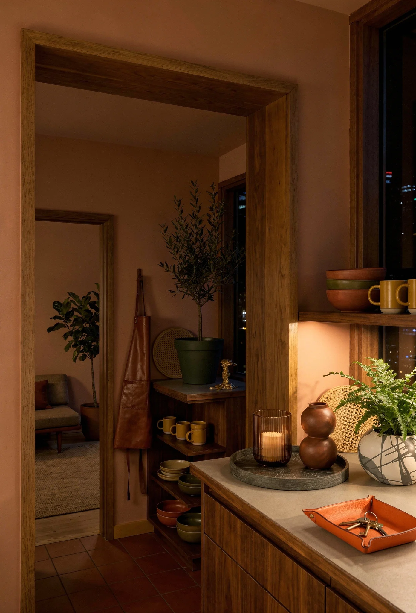 Mid century modern kitchen featuring ethnicraft round wood tray grey with blomus ven hurricane lamp candle holder brown evening mood