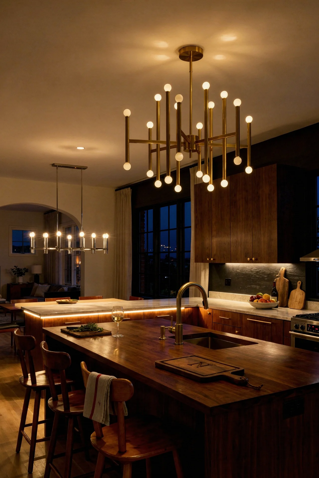 Mid century modern kitchen featuring hinkley euclid chandelier gold black with visual comfort beckham modern chandelier gold evening mood