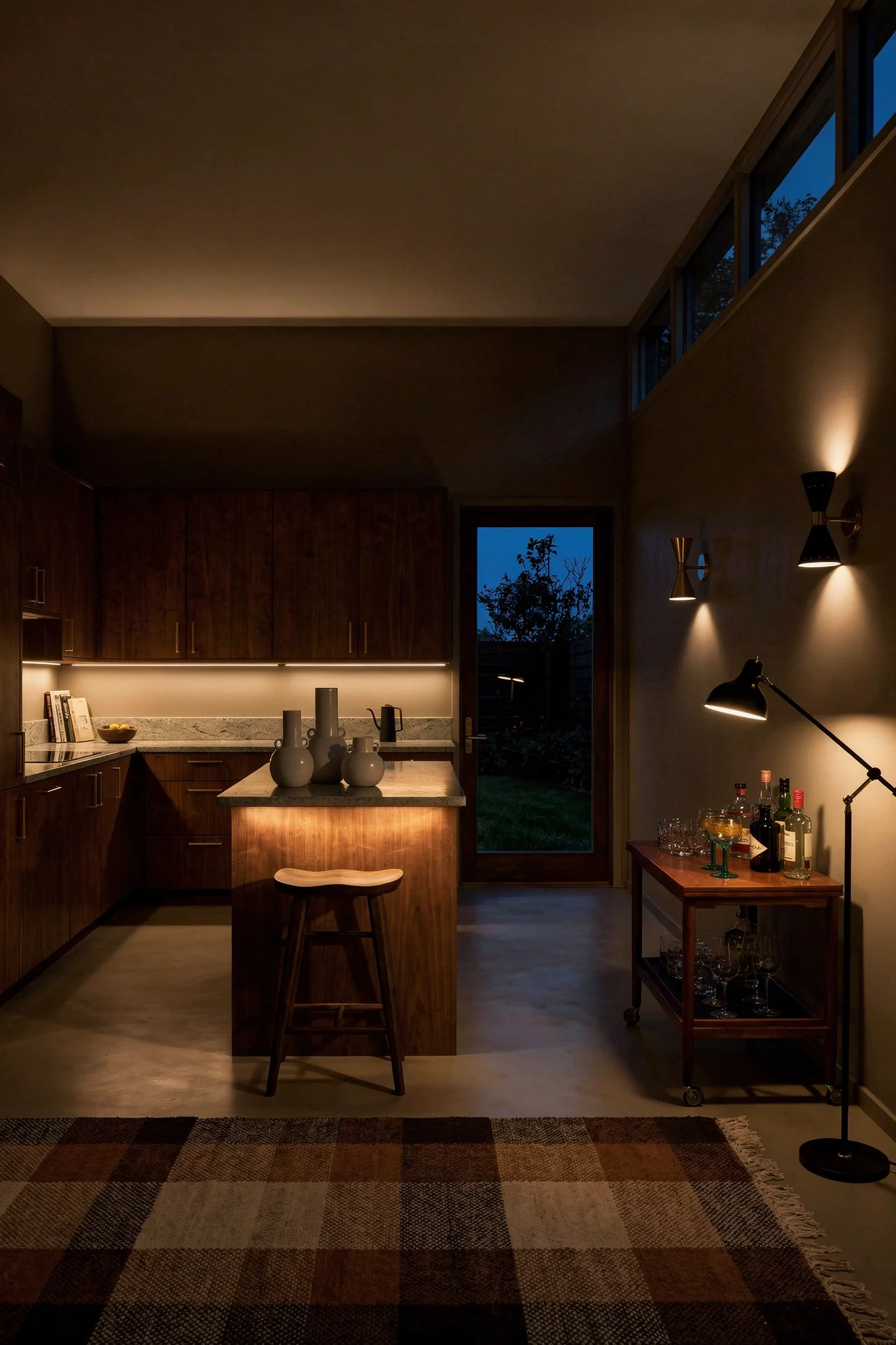 Mid century modern kitchen featuring lycvki walnut wood stationary kitchen island with pottery barn vira counter stool walnut evening mood