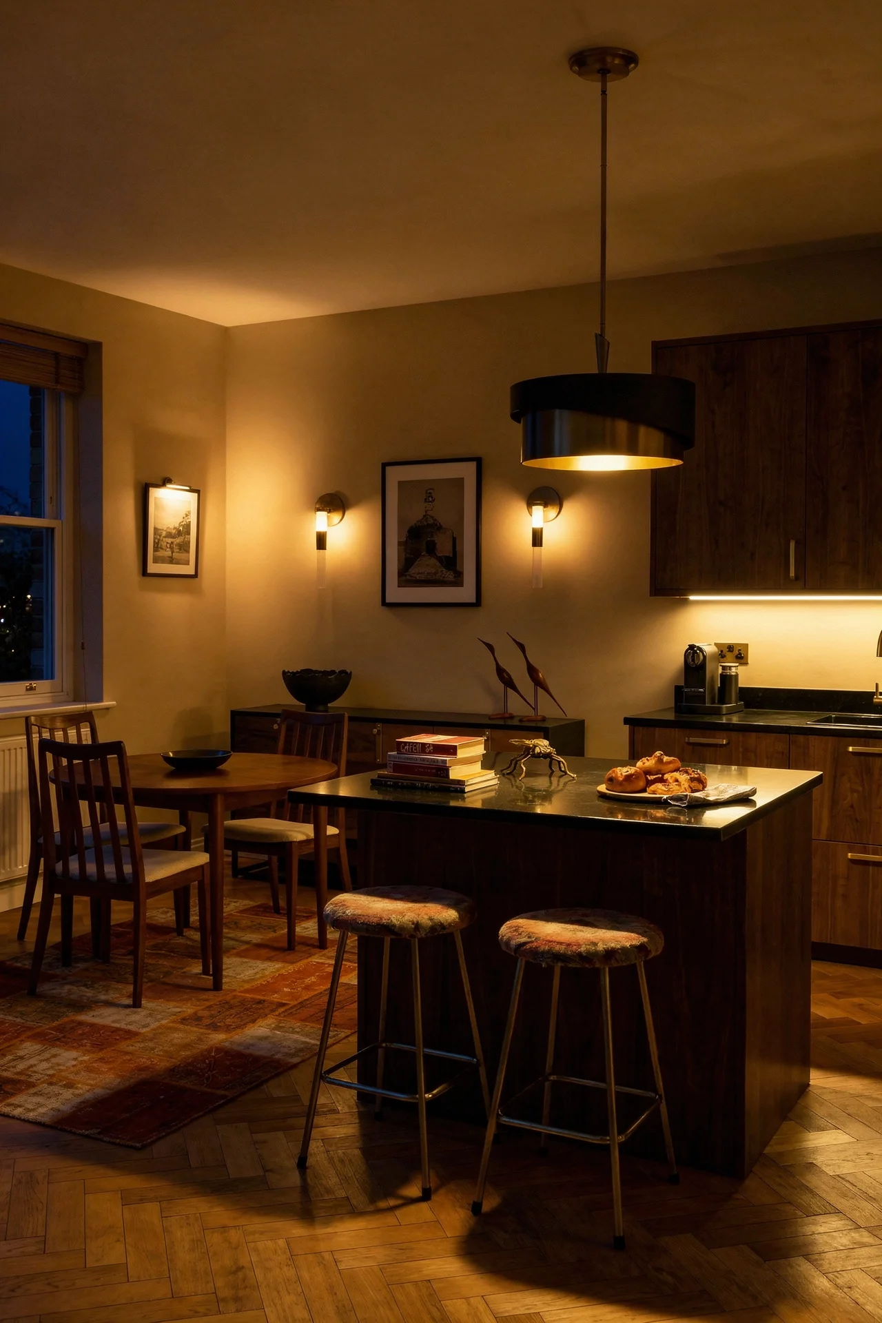 Mid century modern kitchen featuring mid-century teak dining chairs by g-plan set of 6 with fredrick ramond gigi pendant light in black/brown evening mood