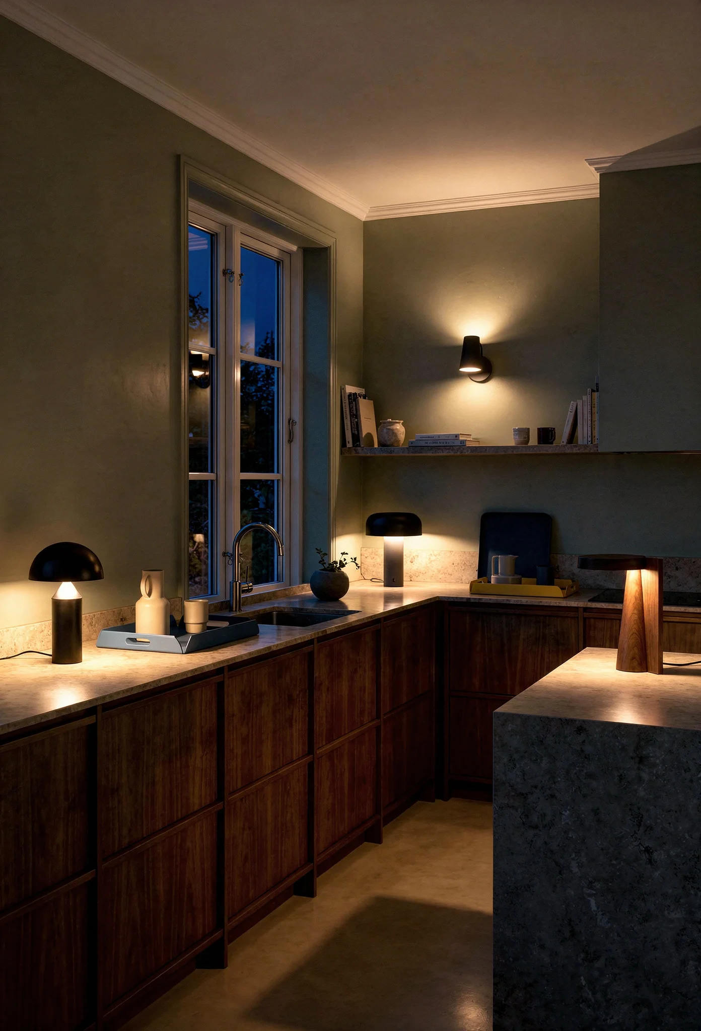 Mid century modern kitchen featuring sage green walls with matte surface table lamps and walnut counters evening mood