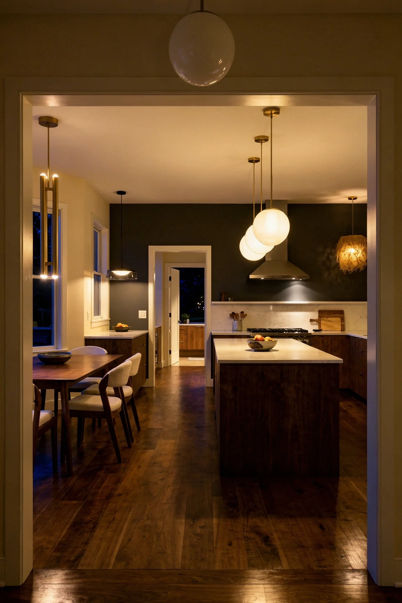 Mid century modern kitchen featuring visual comfort ebell double led pendant gold with visual comfort ebell double led pendant silver evening mood