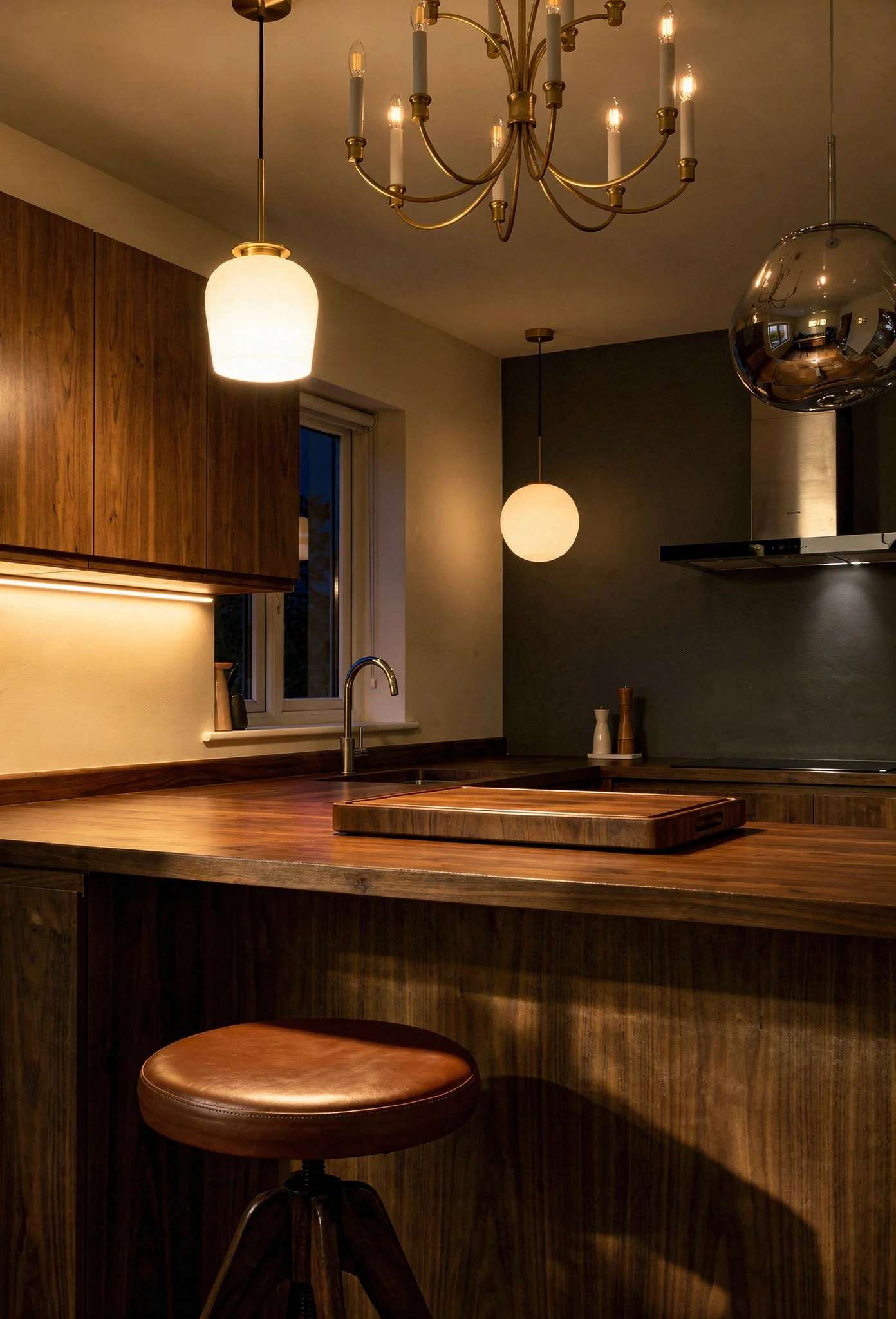 Mid century modern kitchen featuring visual comfort westerly chandelier gold with visual comfort vetro pendant gold white evening mood