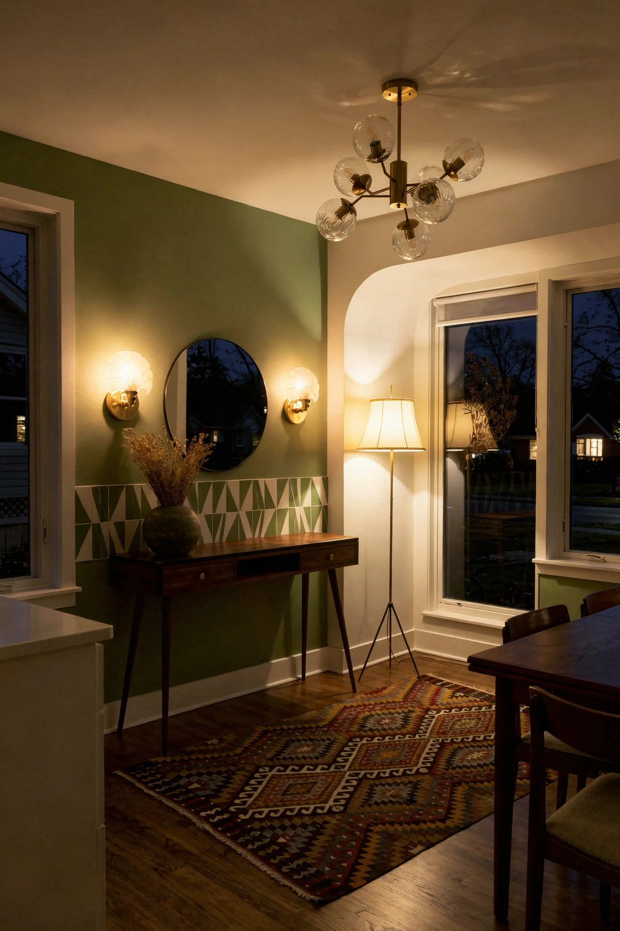 Mid century modern kitchen featuring walnut console table marble top mcm style with rare tripod mid century german floor lamp brass evening mood