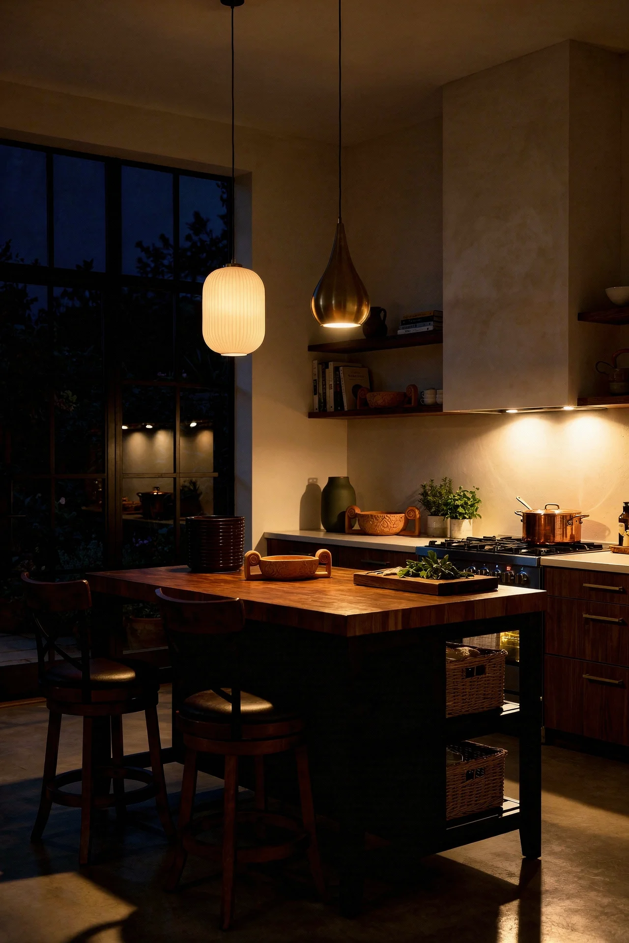 Mid century modern kitchen featuring walnut butcher block island with brass globe pendant lights evening mood