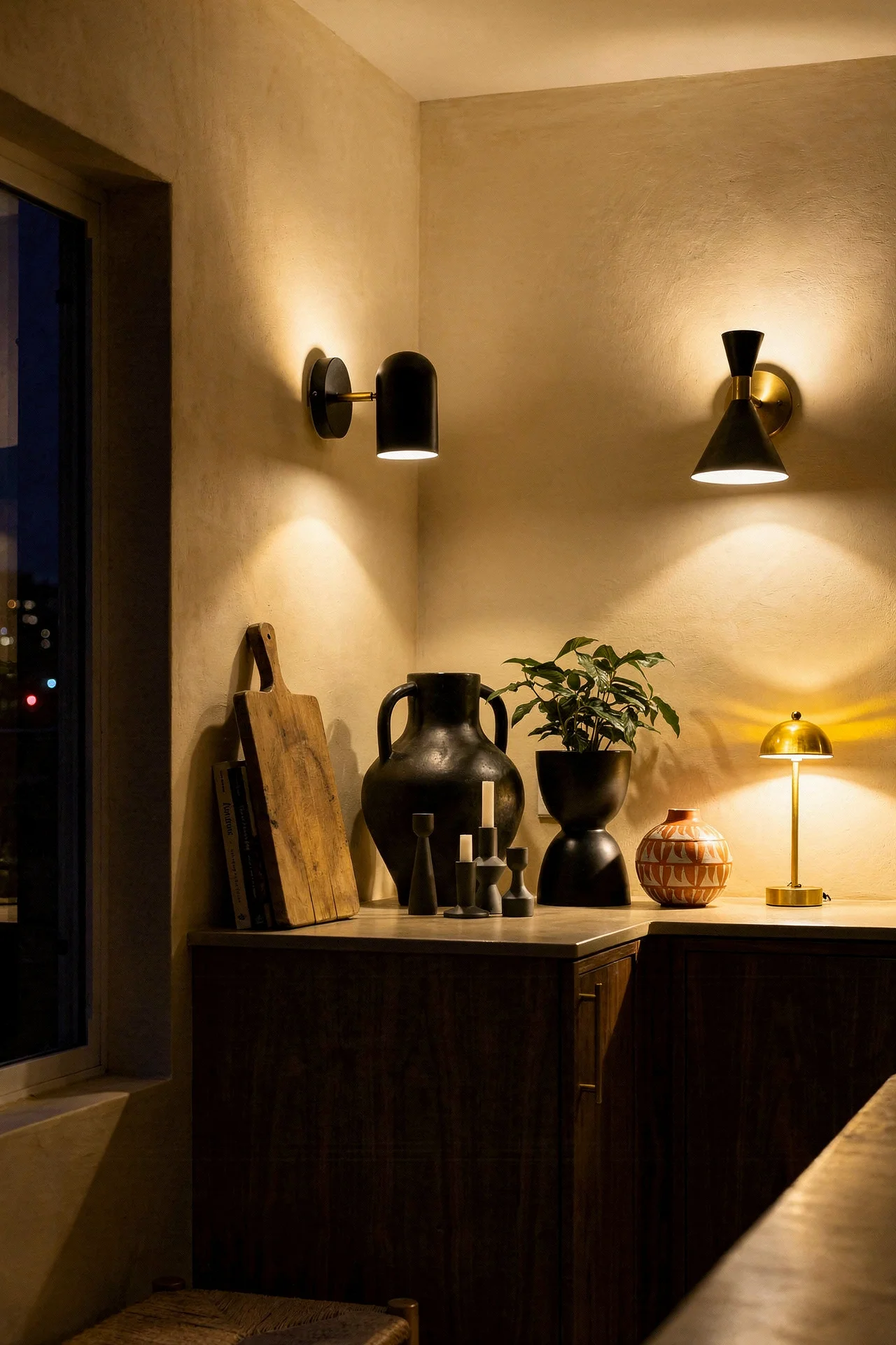 Mid century modern kitchen featuring warm cream walls with black sculptural vases and walnut cabinets evening mood