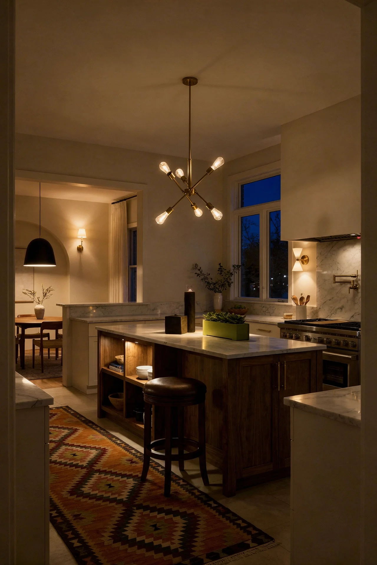 Mid century modern kitchen featuring wood kitchen island walnut with walnut counter stool leather swivel evening mood