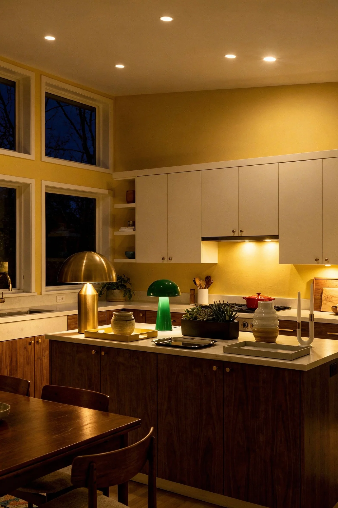 Mid century modern kitchen featuring sunny yellow walls with two-tone walnut and white cabinetry evening mood