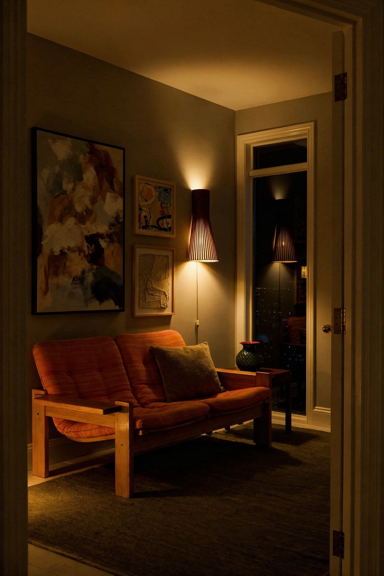 Mid Century Modern Living Room featuring Yngve Ekstrom Two-Seater Vintage Sofa with Lorena Canals Handloom Area Rug evening mood