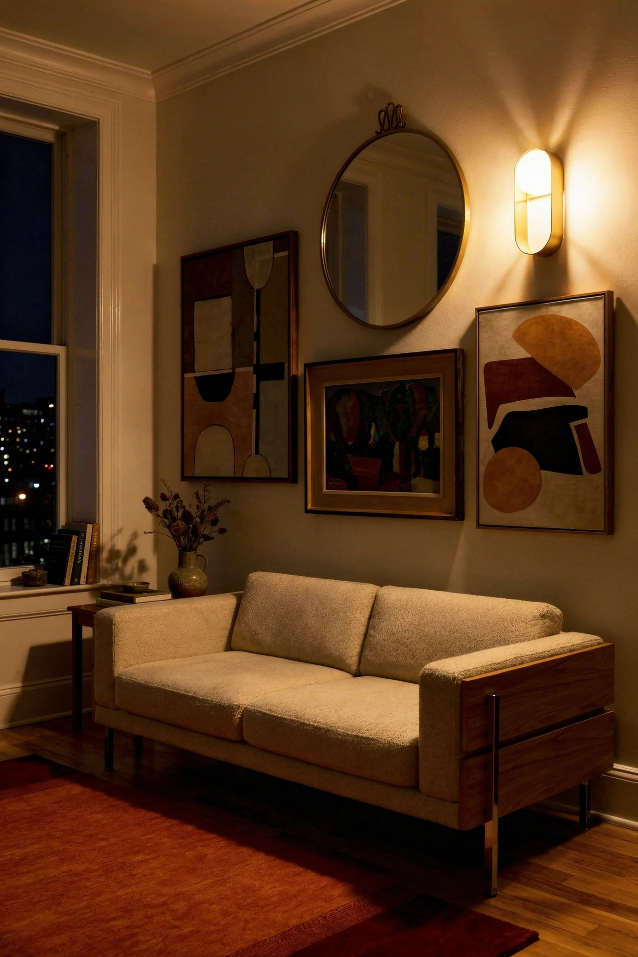 Mid Century Modern Living Room featuring Case Furniture Forum 2-Seat Sofa with Chandra Metro Patterned Wool Area Rug evening mood