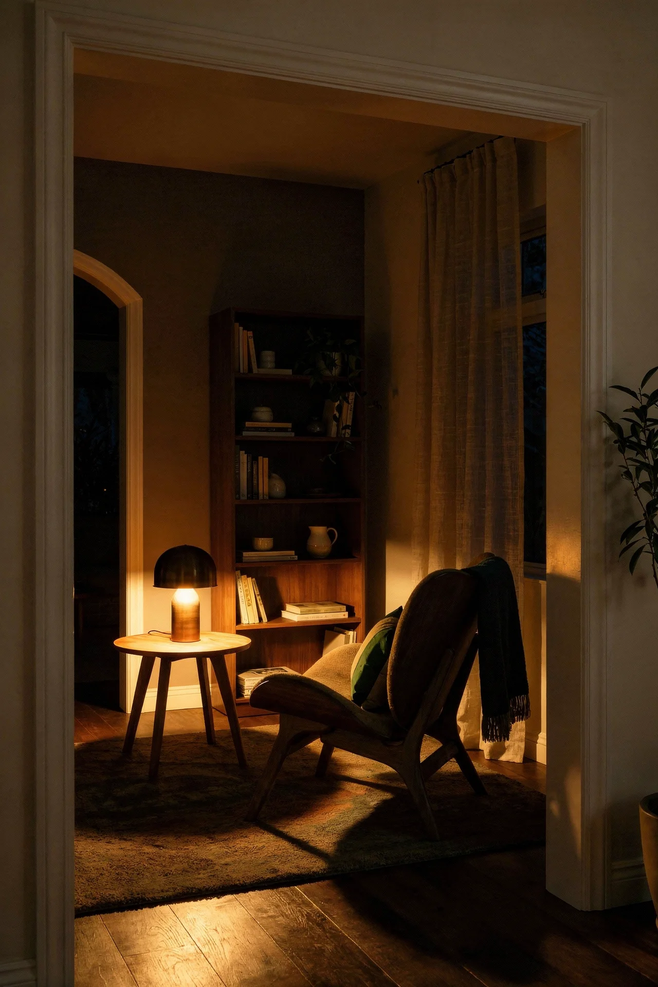 Mid Century Modern Living Room featuring UMAGE A Conversation Piece Lounge Chair with Ferm Living Forma Wool Rug evening mood