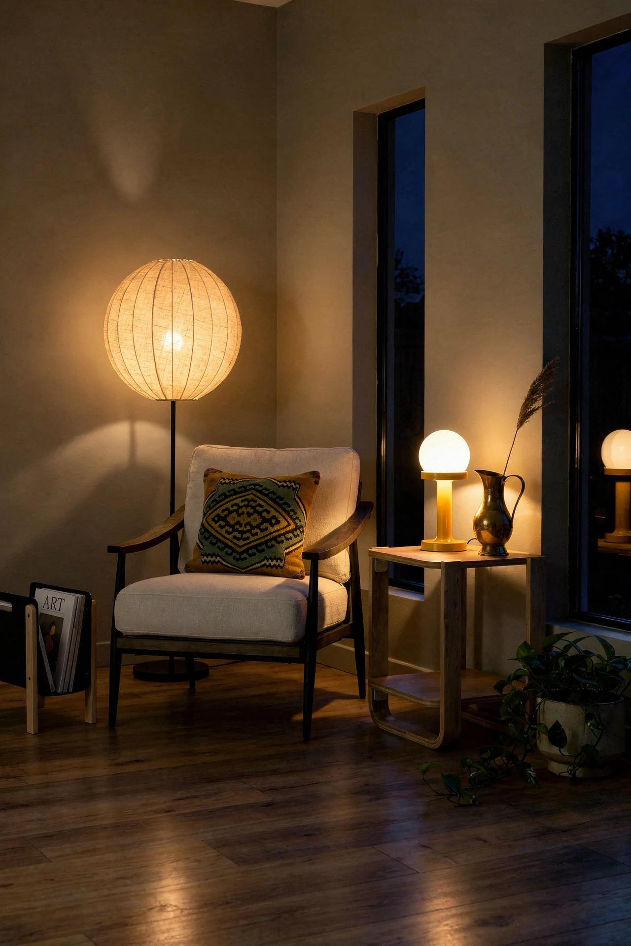 Mid Century Modern Living Room featuring Four Hands Kennedy Lounge Chair with Handmade Jug/Vase Pitcher Vintage Solid Brass evening mood