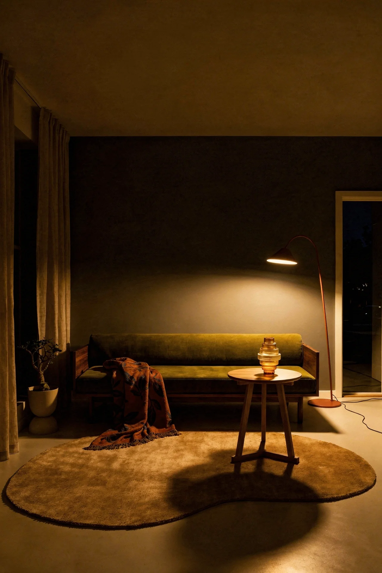 Mid Century Modern Living Room featuring Blu Dot Souvenir Sofa with Ferm Living Forma Wool Rug evening mood