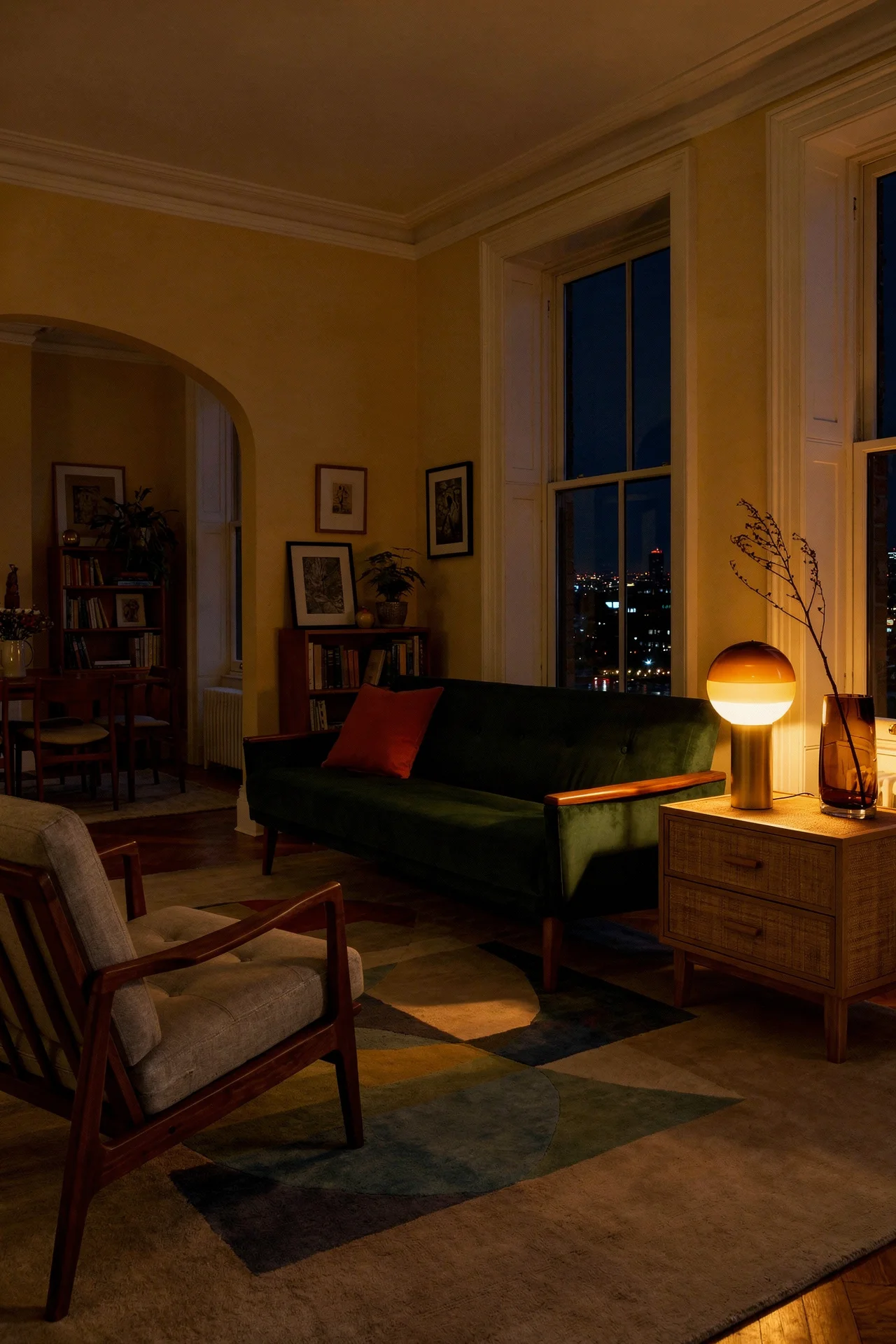 Mid Century Modern Living Room featuring Danish Teak Vintage Inspired Model 55 Sofa with Chandra Bense 3010 Patterned Wool Area Rug evening mood