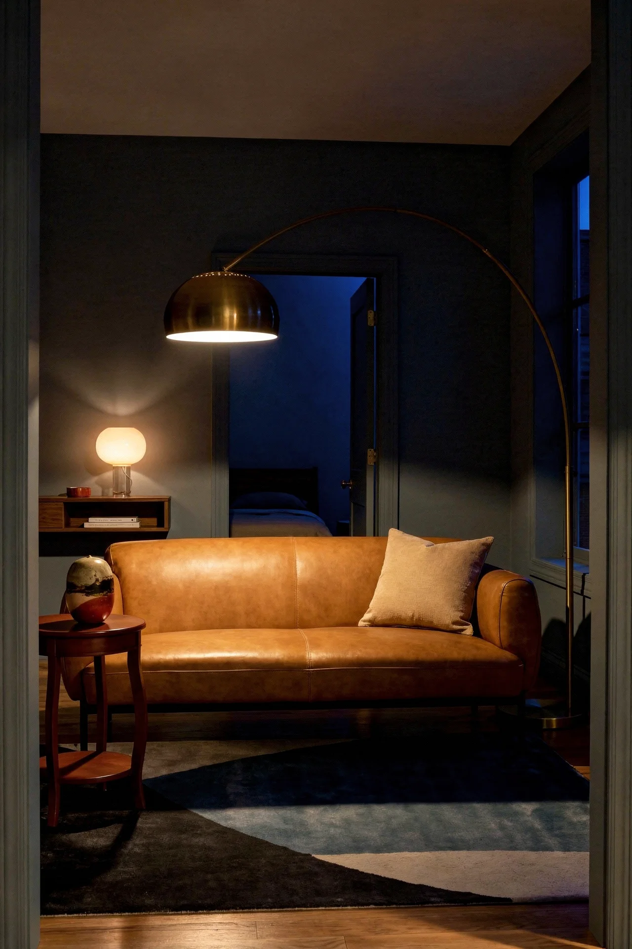 Mid Century Modern Living Room featuring Blu Dot Puff Sofa with Chandra Bense 3003 Patterned Wool Area Rug evening mood