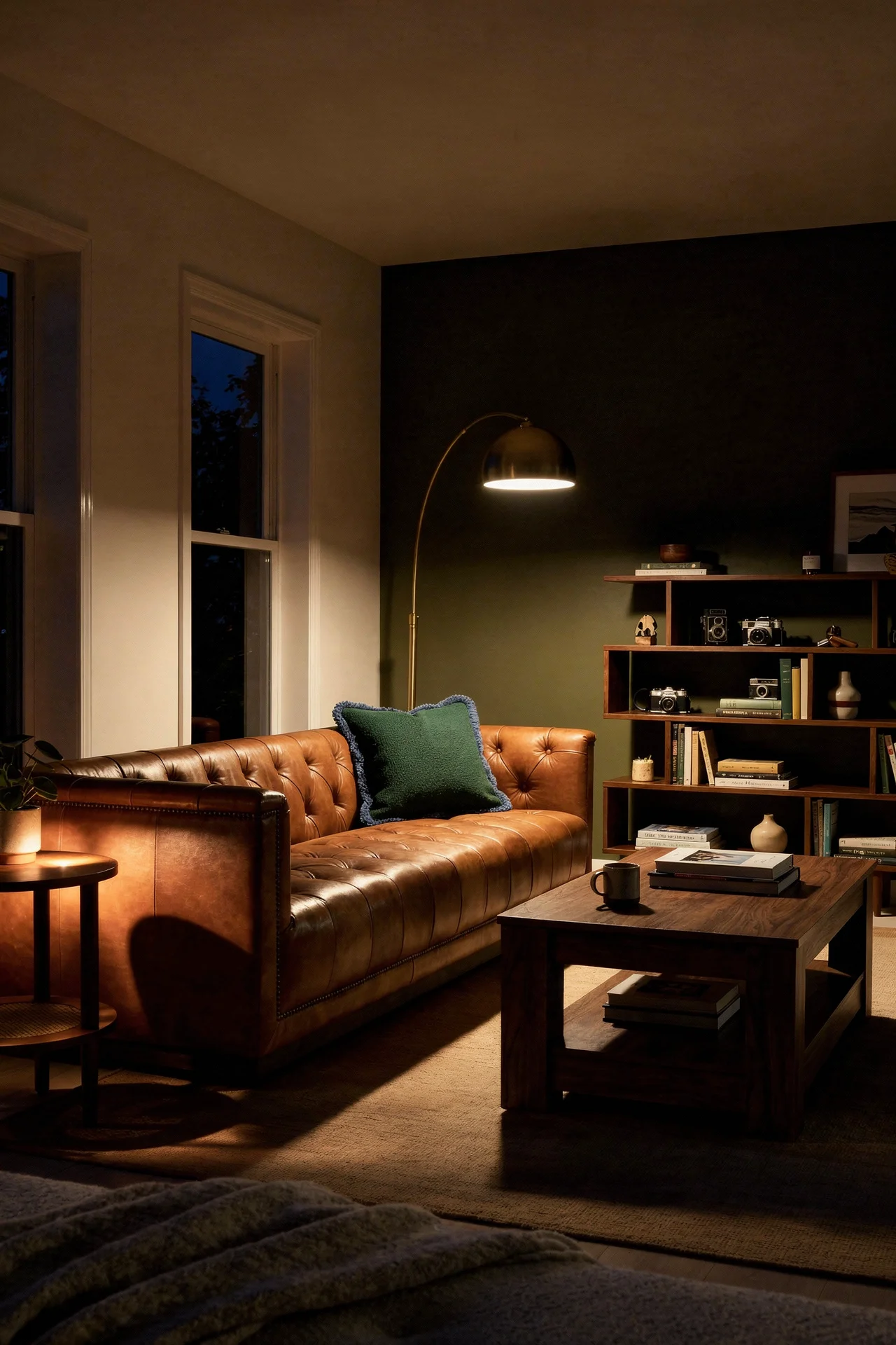 Mid Century Modern Living Room featuring Four Hands Maxx Sofa with Lorena Canals Handloom Area Rug evening mood