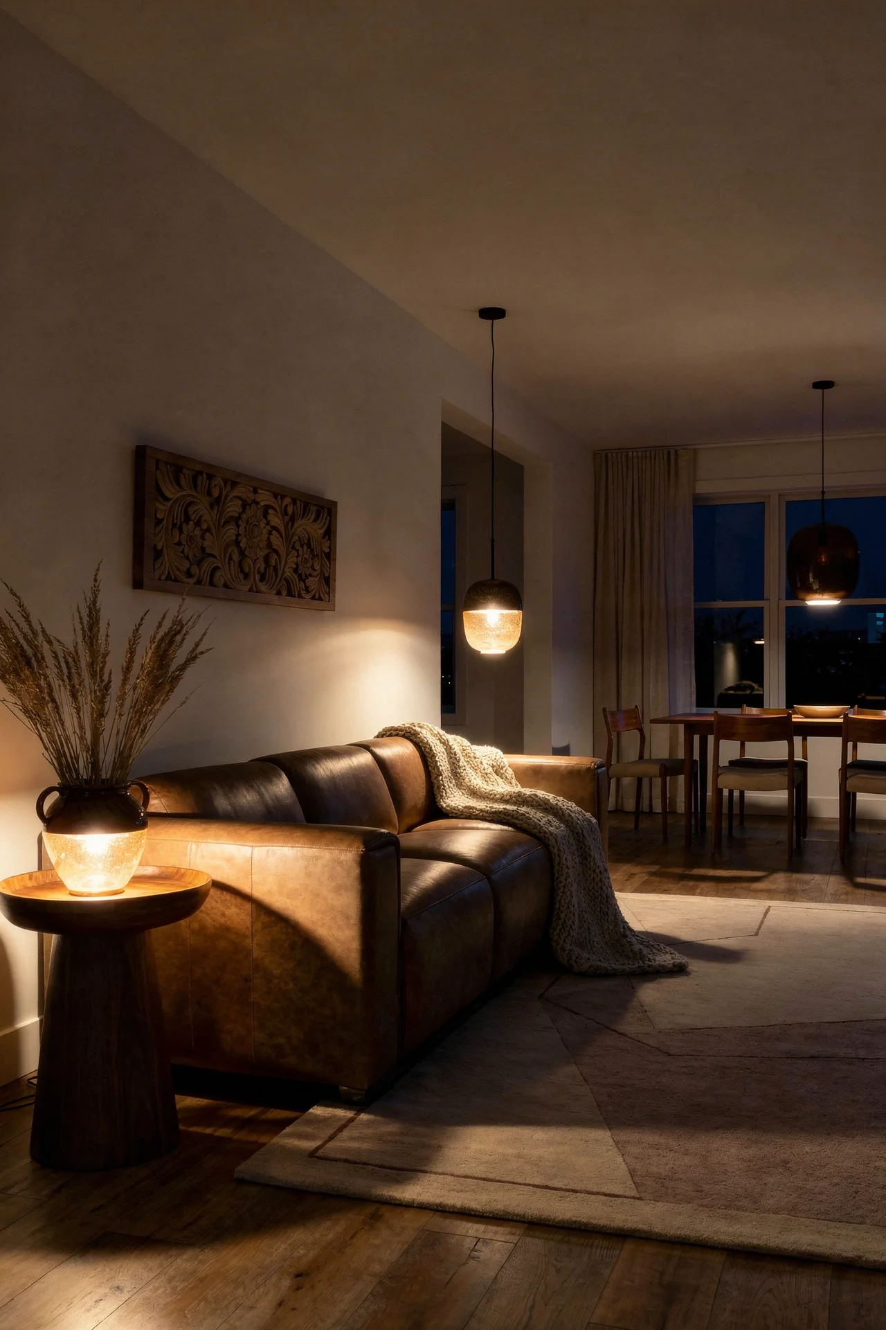 Mid Century Modern Living Room featuring Bernhardt Billings Power Motion Sofa with Cappellini Arya Pendant Light evening mood