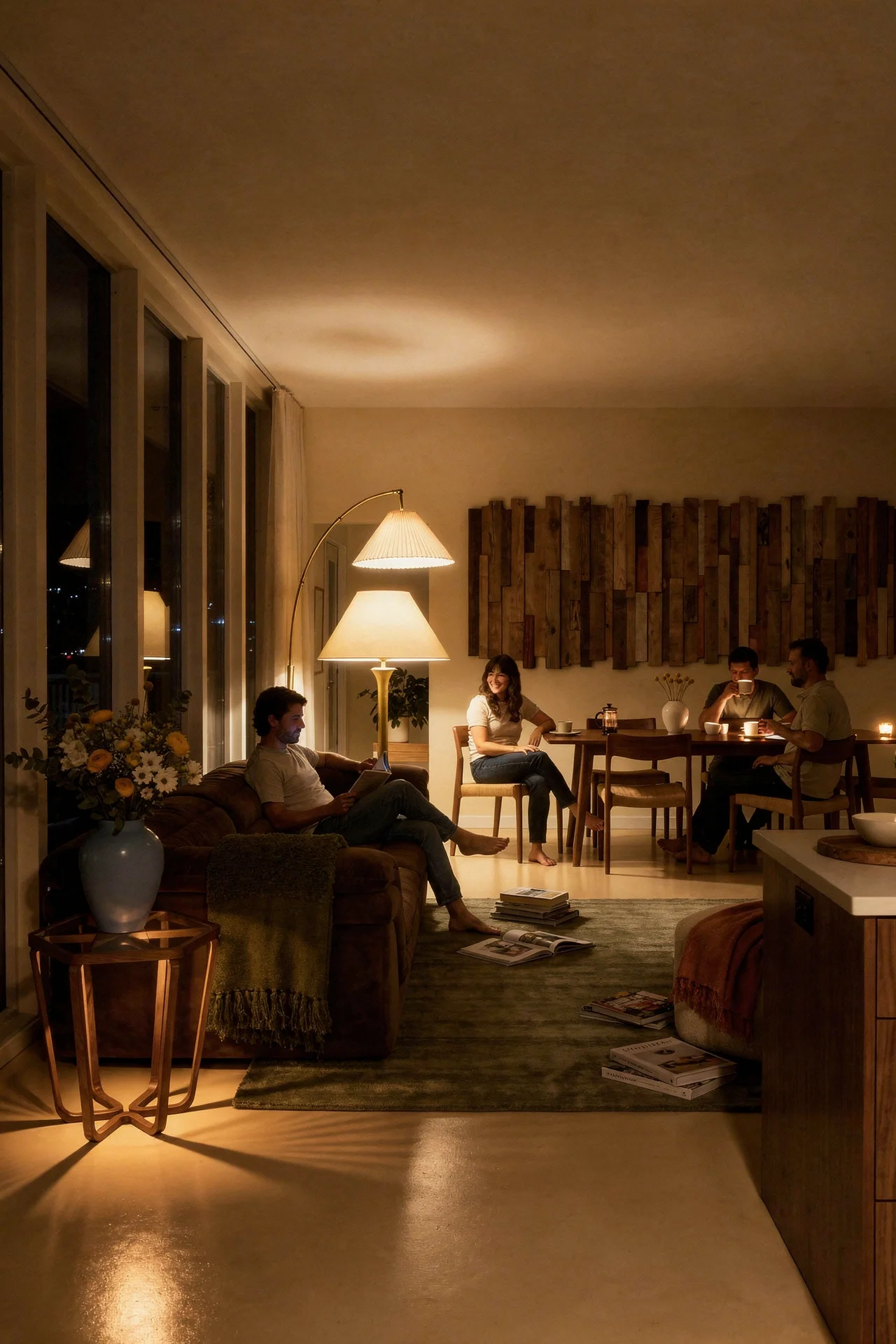 Mid Century Modern Living Room featuring Sunpan Bello Sofa with Exquisite Rugs Sanctuary Area Rug evening mood