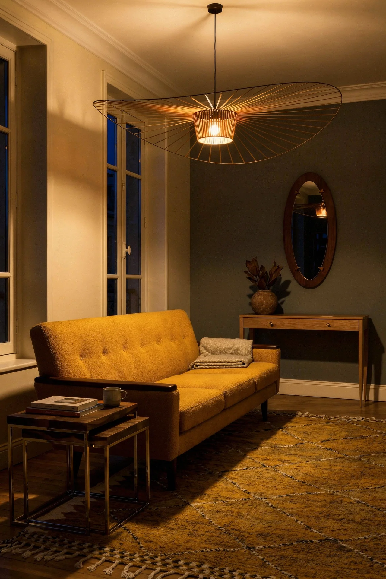 Mid Century Modern Living Room featuring Model 55 Danish Teak Inspired Mid Century 3 Seat Sofa with Petite Friture Vertigo Pendant Light evening mood