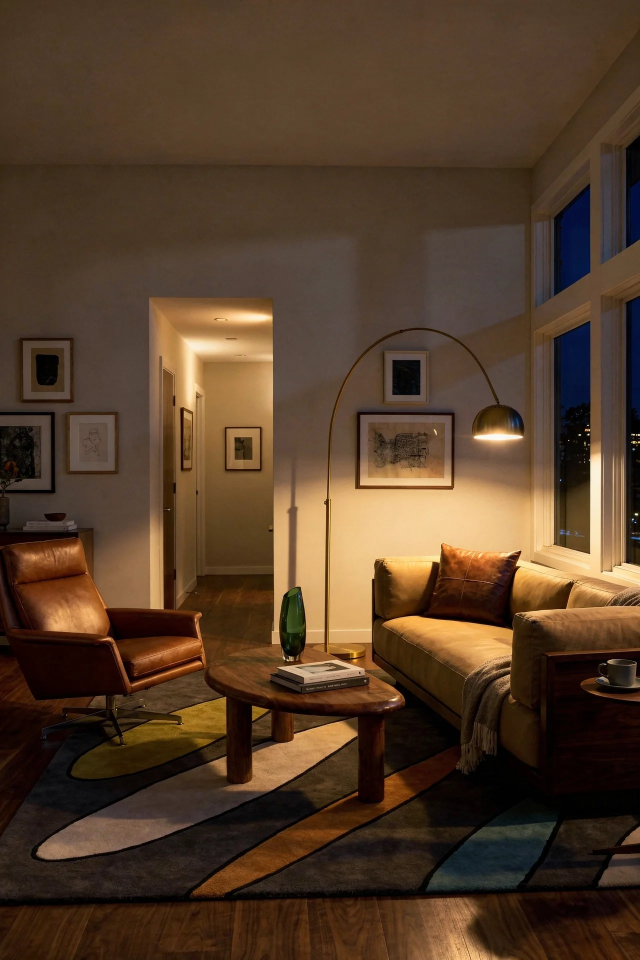 Mid Century Modern Living Room featuring Blu Dot Sunday Sofa with Chandra Bense 3020 Patterned Wool Area Rug evening mood