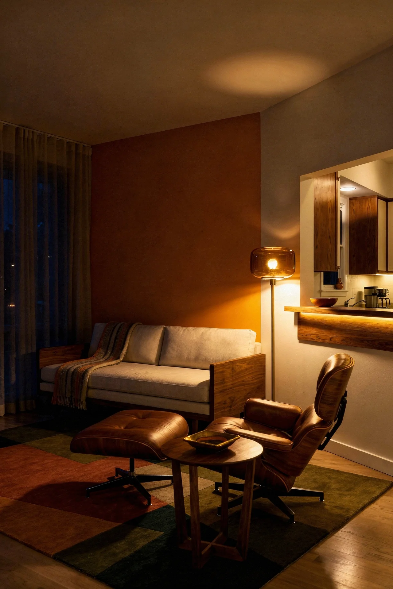 Mid Century Modern Living Room featuring Innovation Living Newilla Wide Arms Sofa Bed with Chandra Bense 3014 Patterned Wool Area Rug evening mood