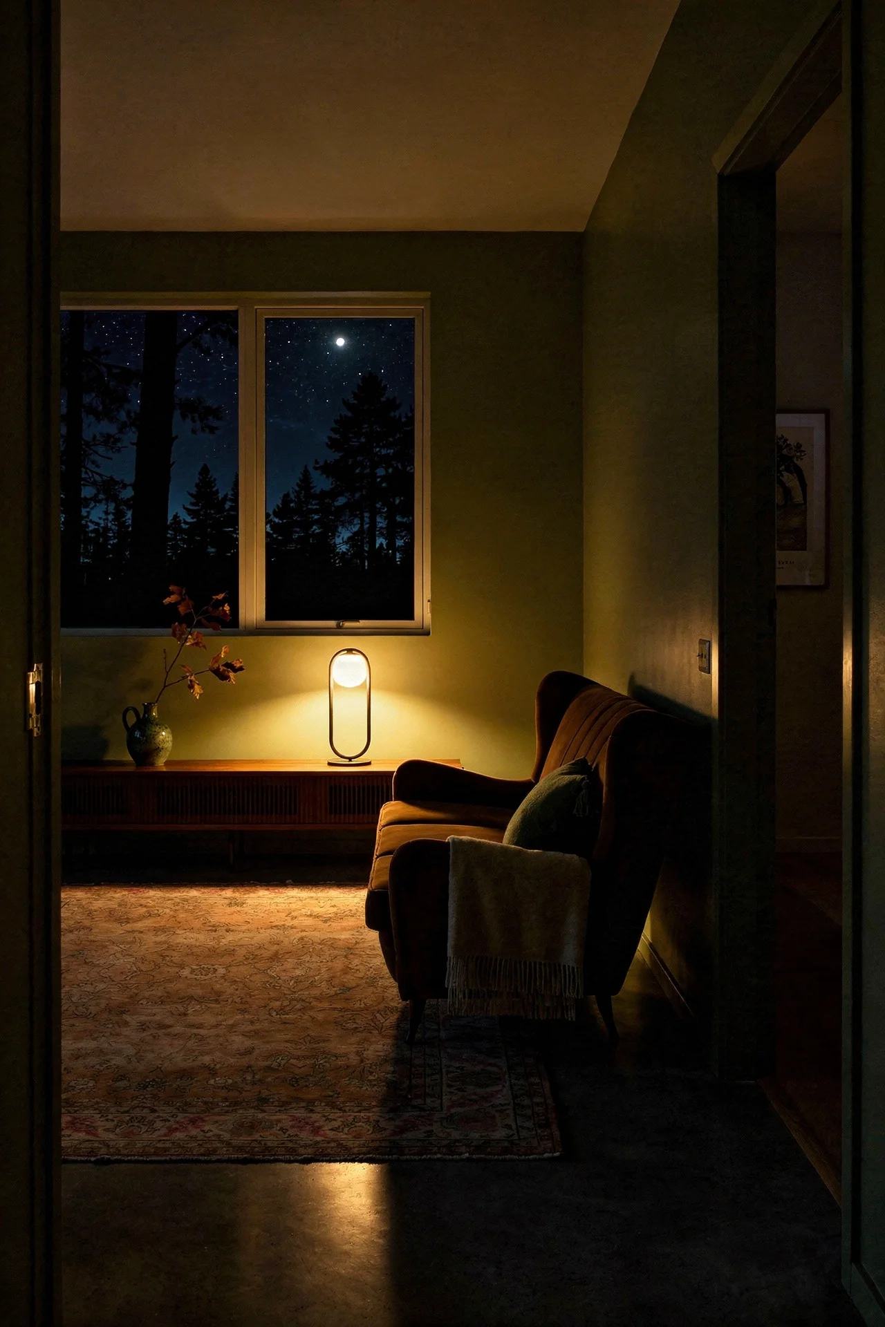 Mid Century Modern Living Room featuring Isa Bergamo Sofa Velvet 1950s with Floral Oushak Rug Antique Turkish Hand-Knotted Wool 8x11 evening mood