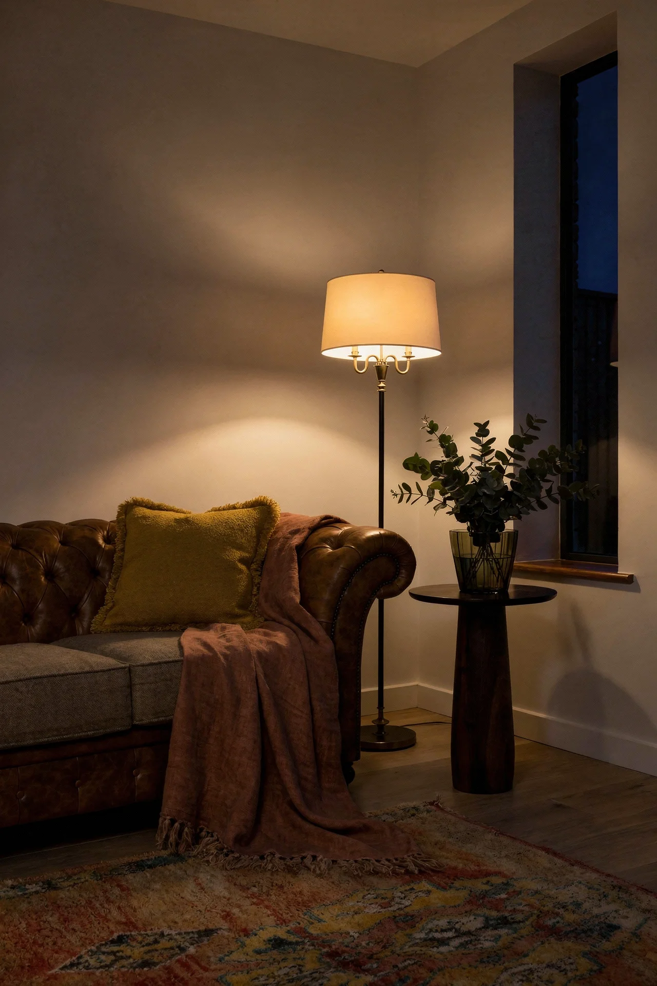 Mid Century Modern Living Room featuring Chesterfield Belmont Leather and Harris Tweed Sofa Vintage Tan with Handmade Multicolored Wool Berber Rug ... evening mood