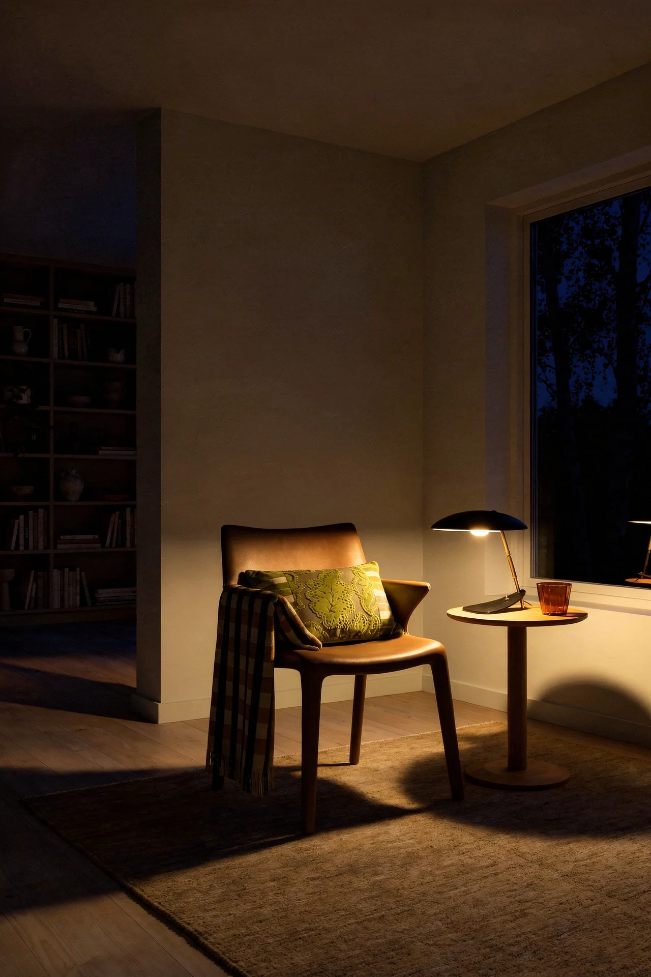 Mid Century Modern Living Room featuring Driade Lou Eat Armchair with 8x10 Gabbeh Area Rug Light Brown Striped Natural Dye Wool evening mood