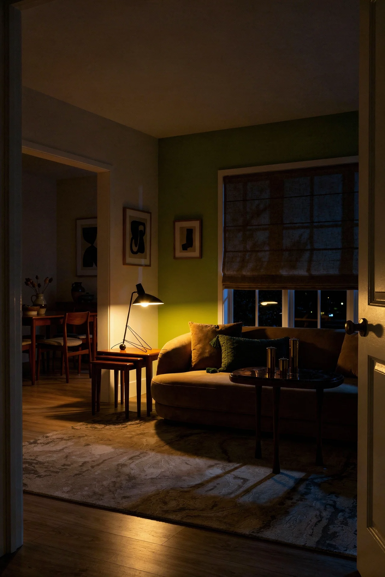 Mid Century Modern Living Room featuring Sunpan Valentina Sofa with Exquisite Rugs Saccara Area Rug evening mood