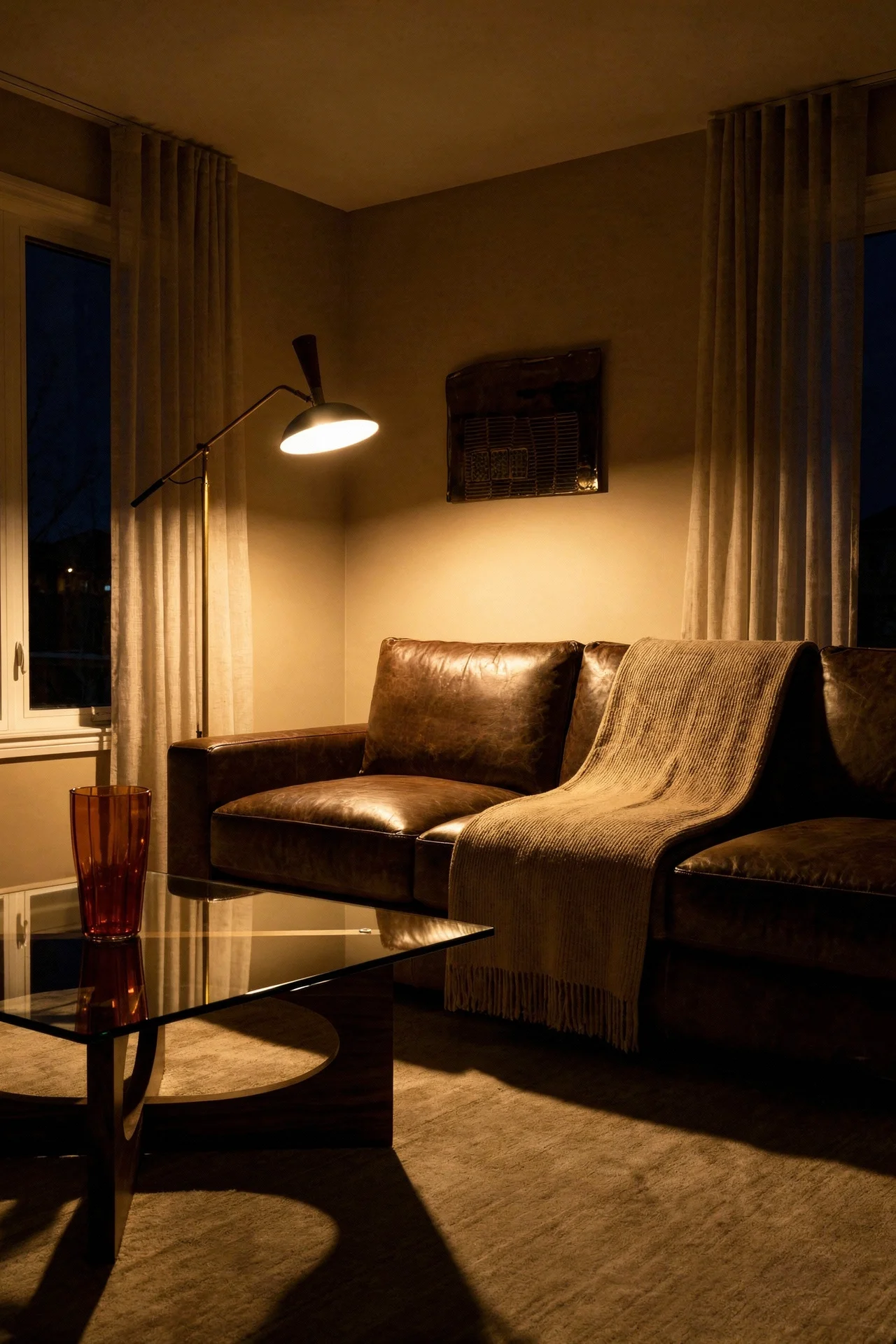 Mid Century Modern Living Room featuring Bernhardt Dawkins Leather Sofa with Exquisite Rugs Sanctuary Area Rug evening mood