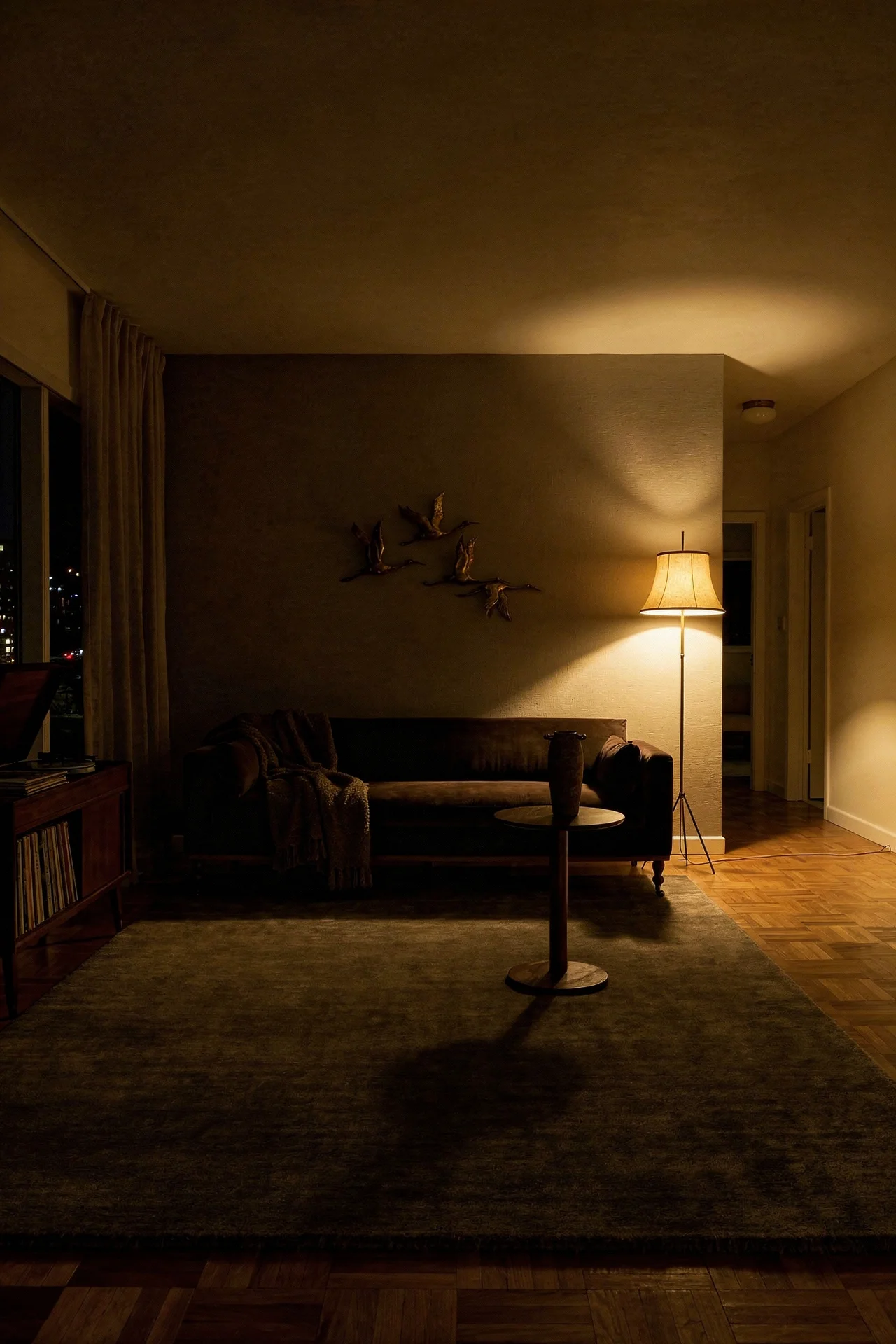 Mid Century Modern Living Room featuring Four Hands Harlin Sofa with Exquisite Rugs Sanctuary Area Rug evening mood