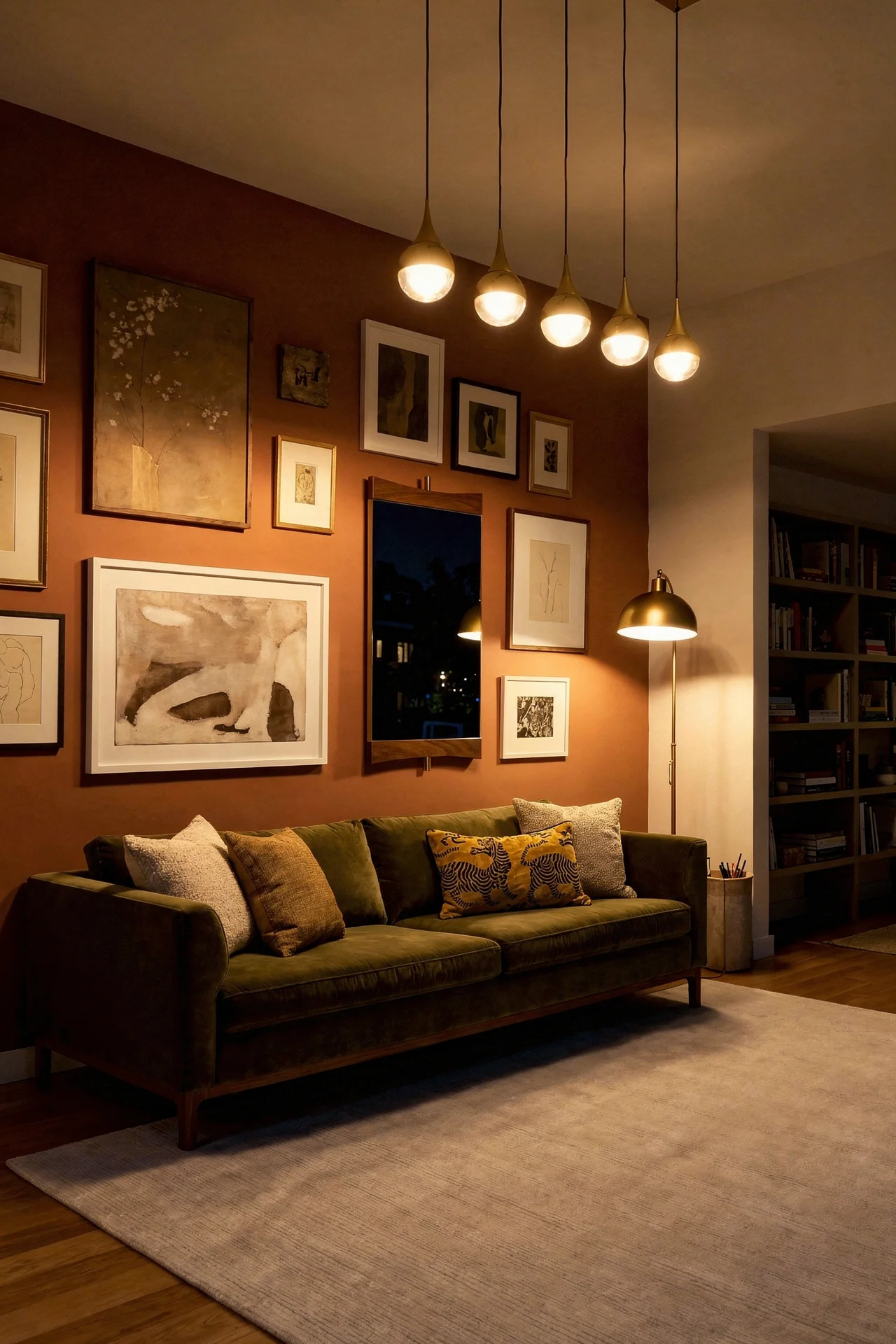 Mid century modern living room eclectic gallery wall featuring olive green sofa with gold globe pendant evening mood