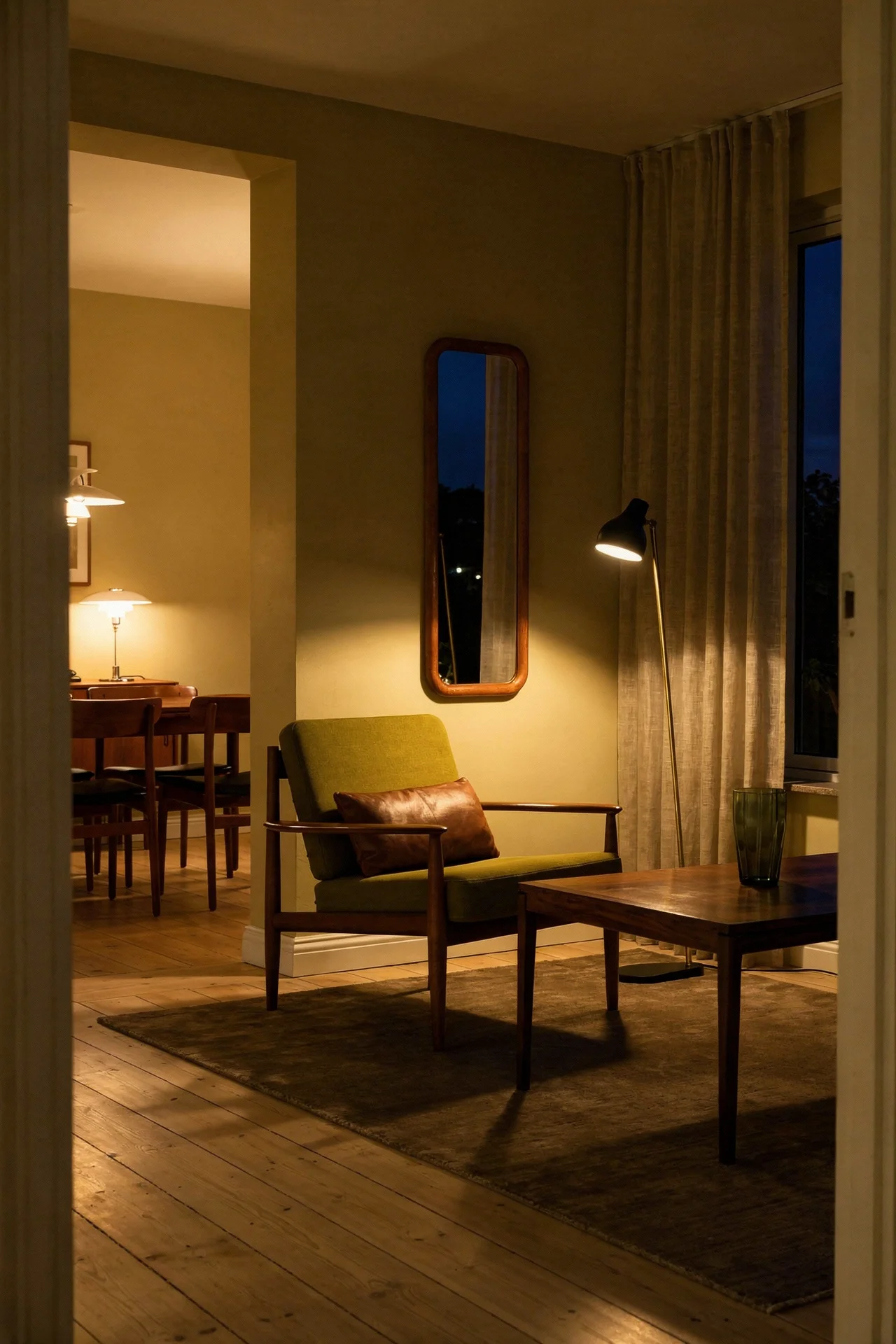 Mid century modern open concept living room featuring vintage teak lounge chair with rosewood Danish coffee table evening mood