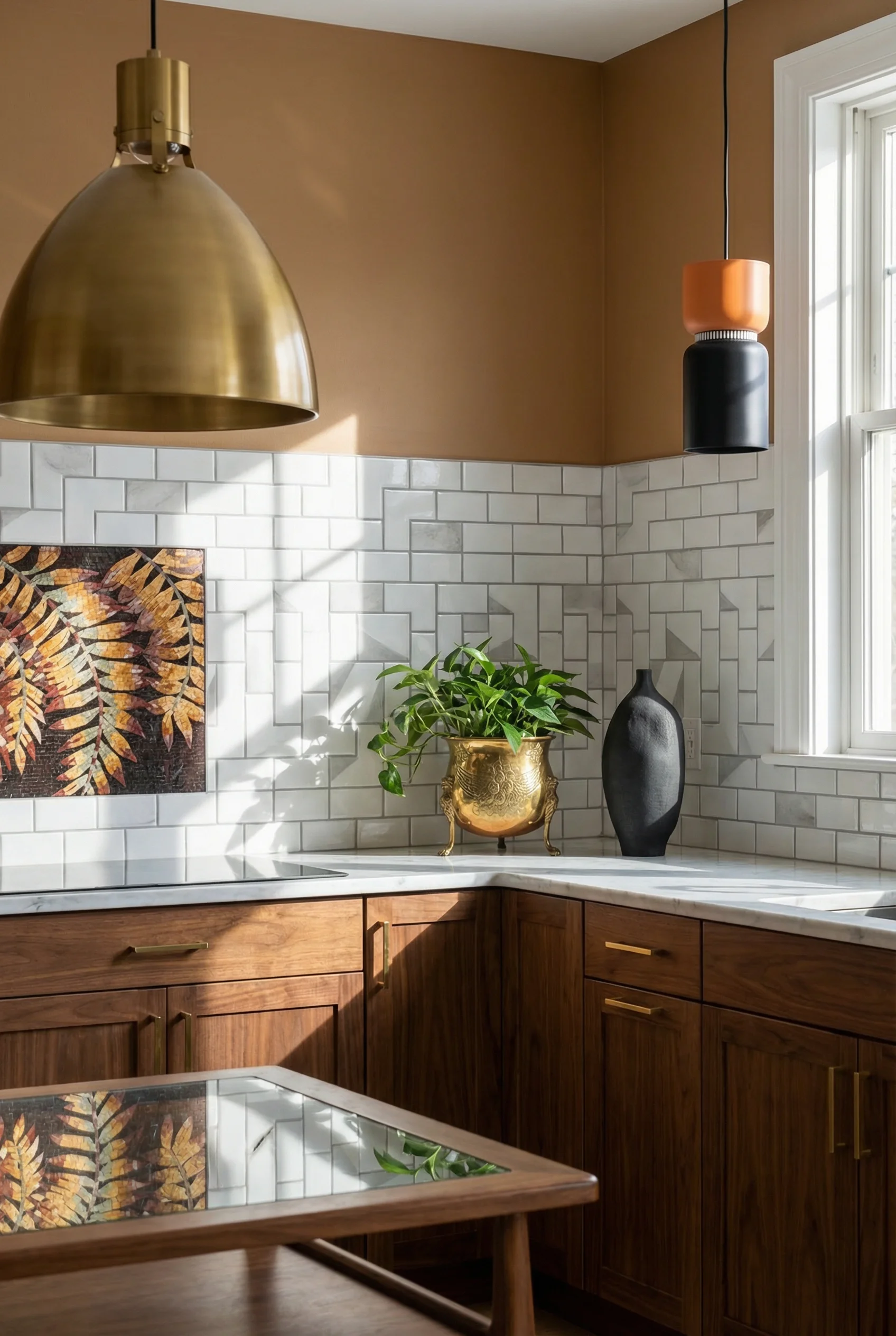 Mid century modern kitchen featuring art3d 12x12 pvc peel and stick subway tile backsplash with walnut mid-century modern coffee table glass top