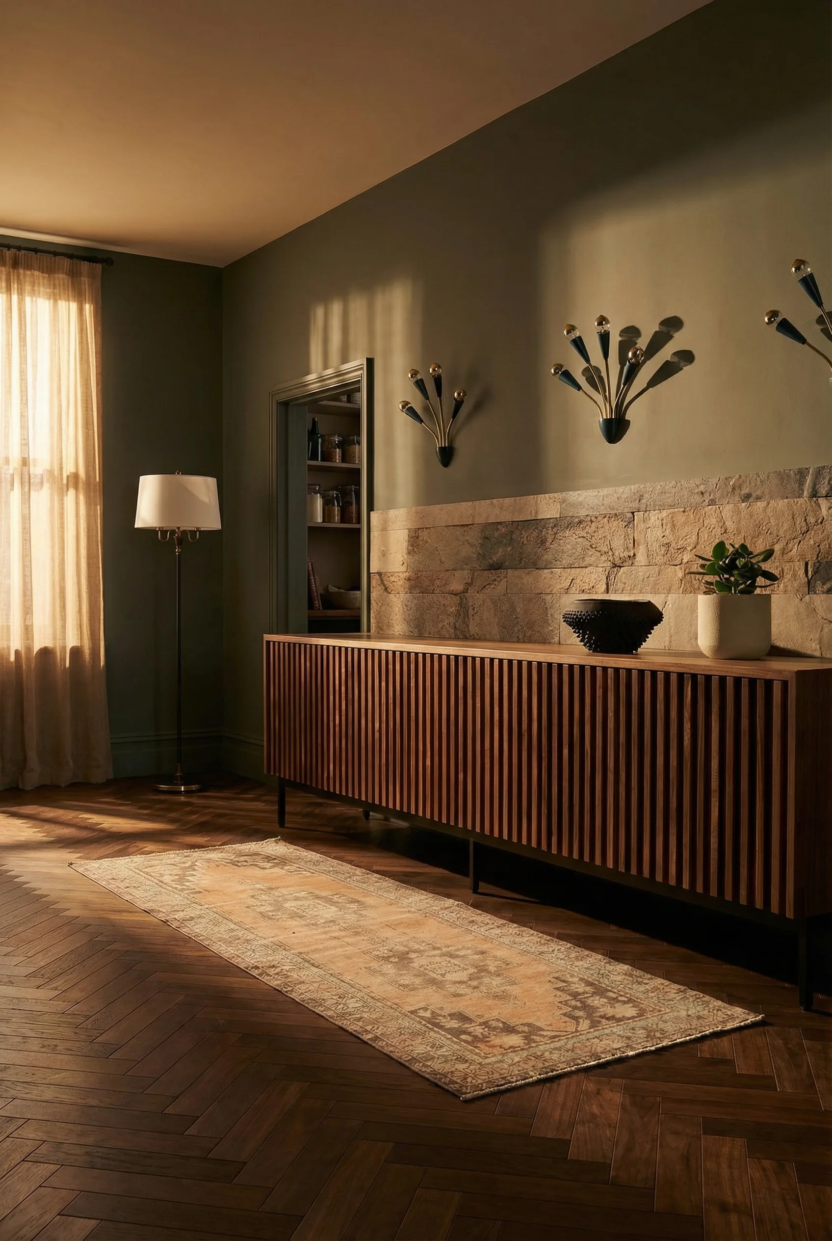 Mid century modern kitchen featuring aspect medley slate peel and stick backsplash with handmade fluted walnut media unit mcm tv stand