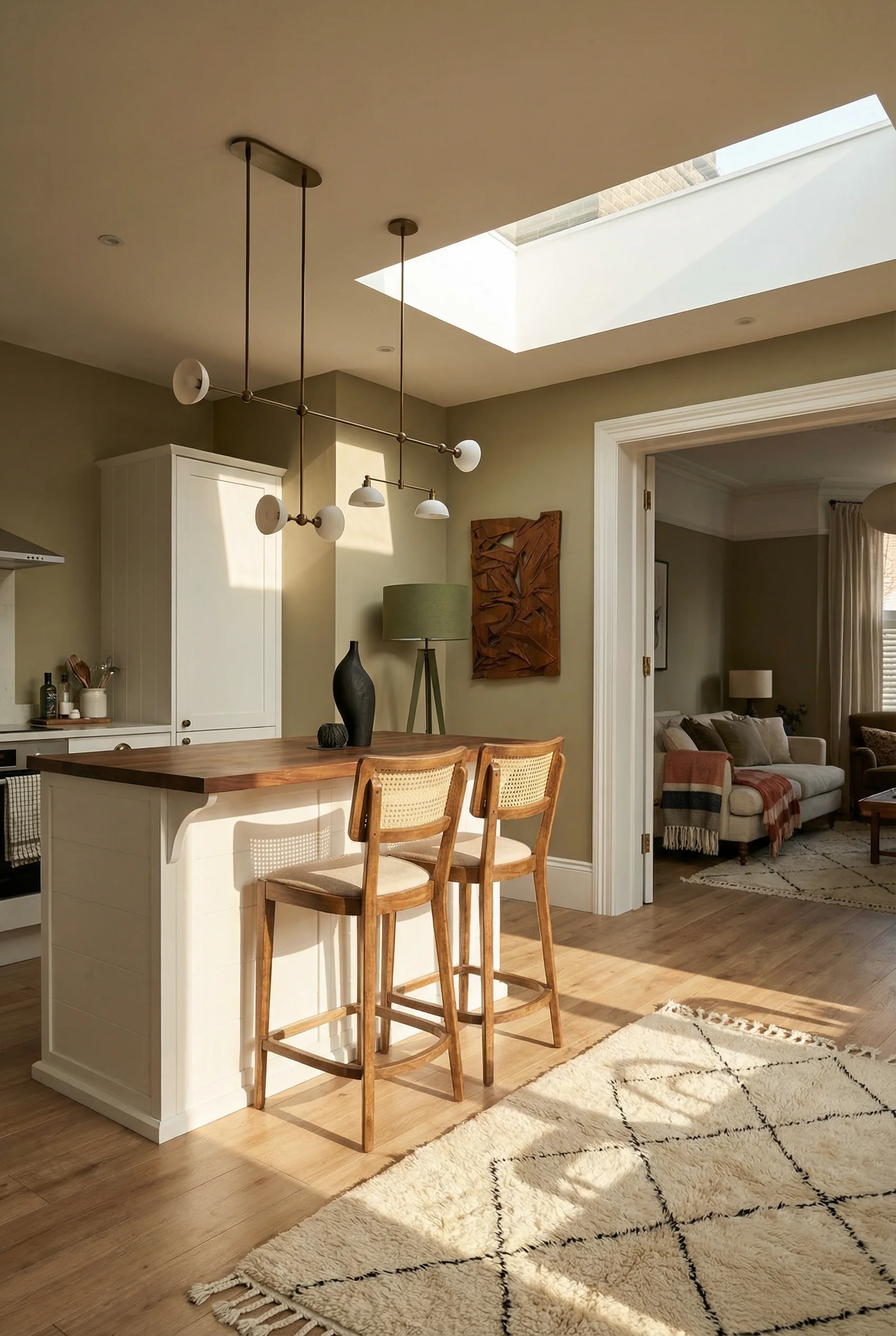 Mid century modern kitchen featuring crosley bartlett kitchen island in white/walnut with walnut decor charlie cane counter stool