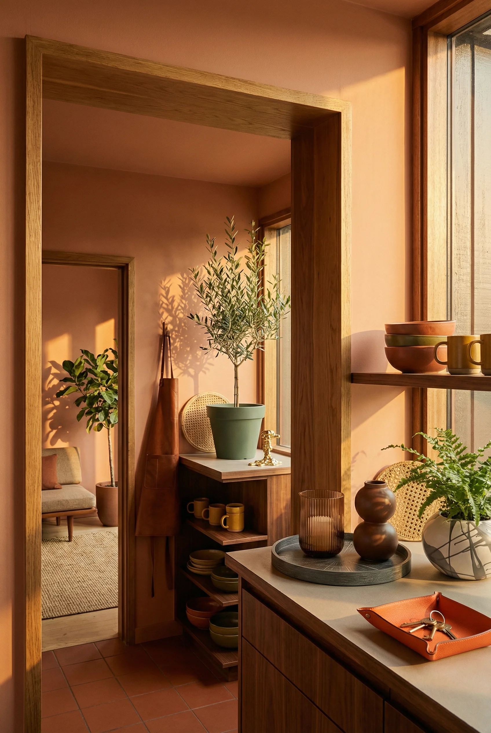 Mid century modern kitchen featuring ethnicraft round wood tray grey with blomus ven hurricane lamp candle holder brown